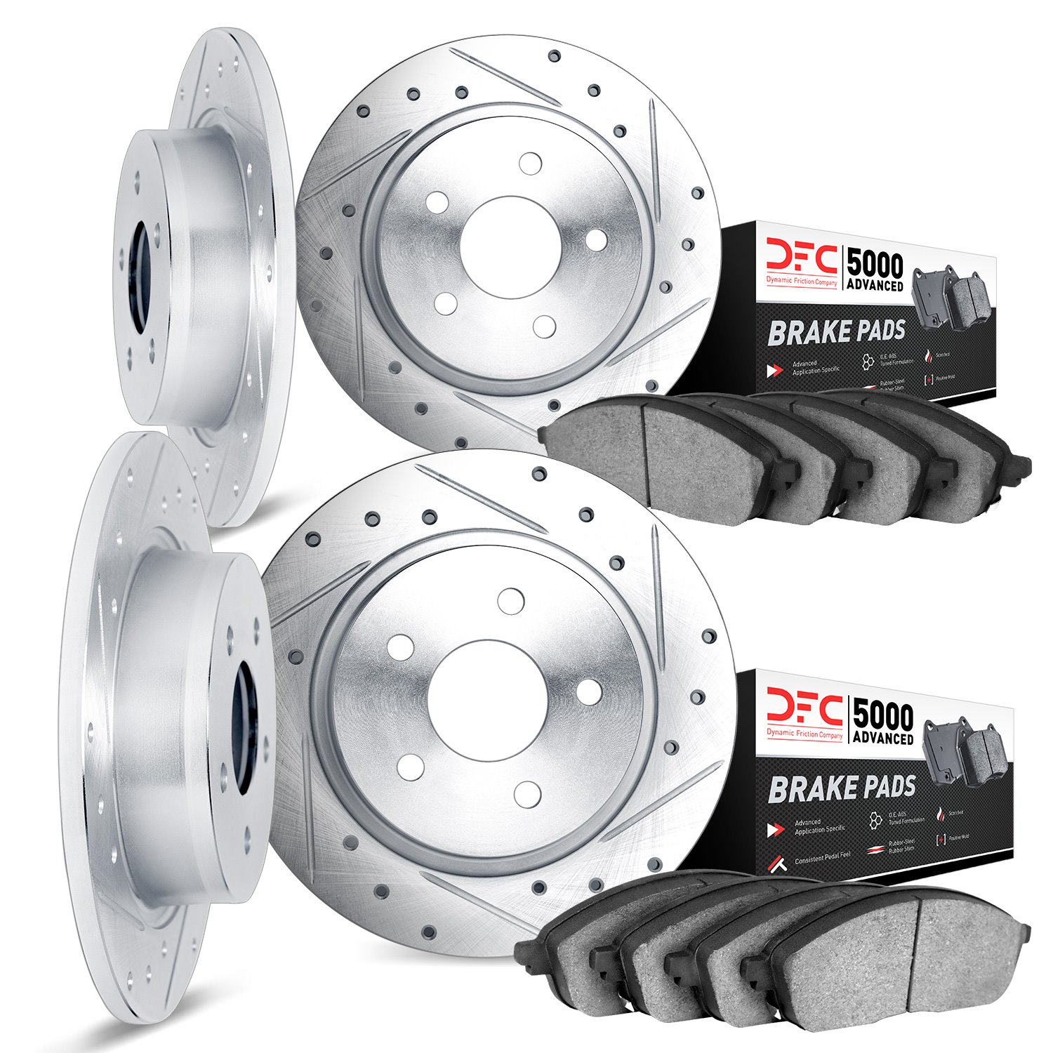 7504-63002 Drilled/Slotted Brake Rotors w/5000 Advanced Brake Pads Kit [Silver], 1961-1963 Mercedes-Benz, Position: Front and Re