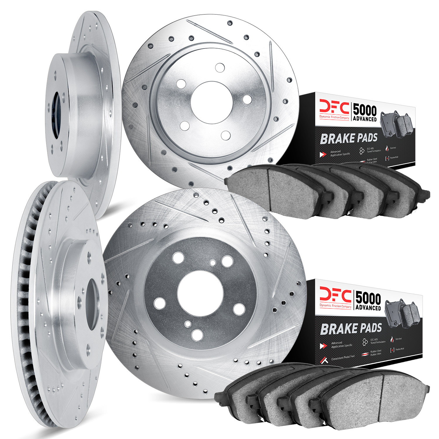7504-67096 Drilled/Slotted Brake Rotors w/5000 Advanced Brake Pads Kit [Silver], 2002-2006 Infiniti/Nissan, Position: Front and