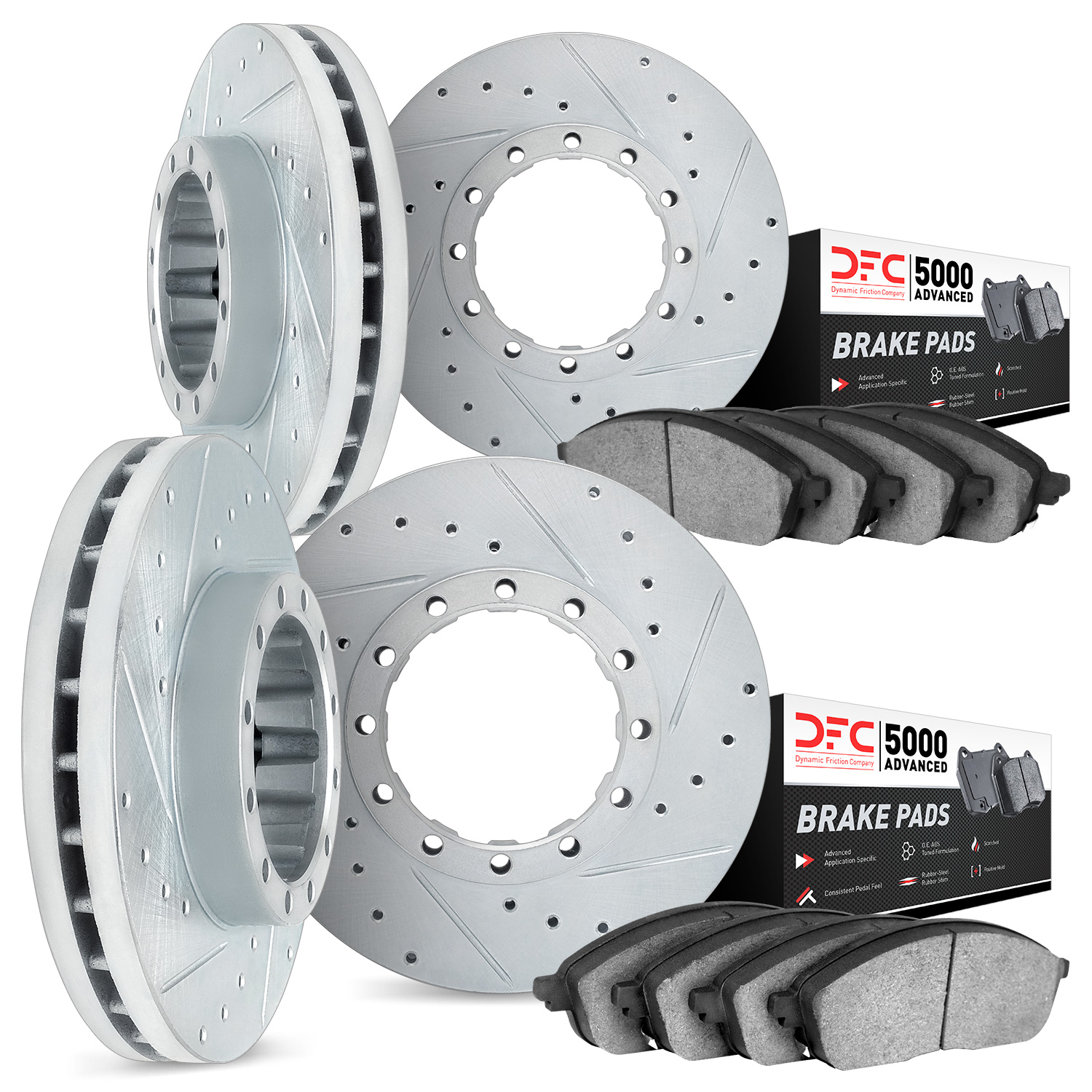 7504-72056 Drilled/Slotted Brake Rotors w/5000 Advanced Brake Pads Kit [Silver], 2010-2011 Freightliner, Position: Front and Rea