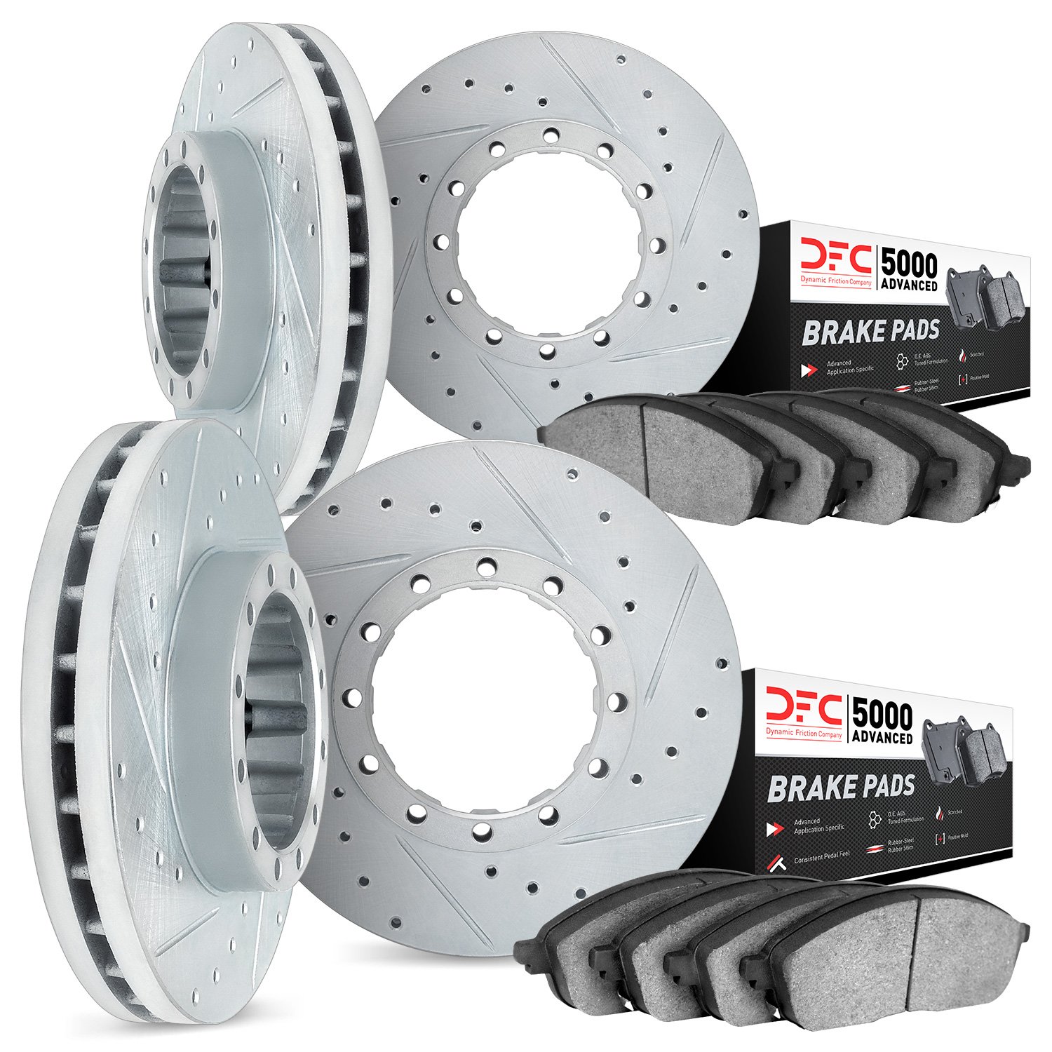 7504-72057 Drilled/Slotted Brake Rotors w/5000 Advanced Brake Pads Kit [Silver], 2012-2020 Freightliner, Position: Front and Rea