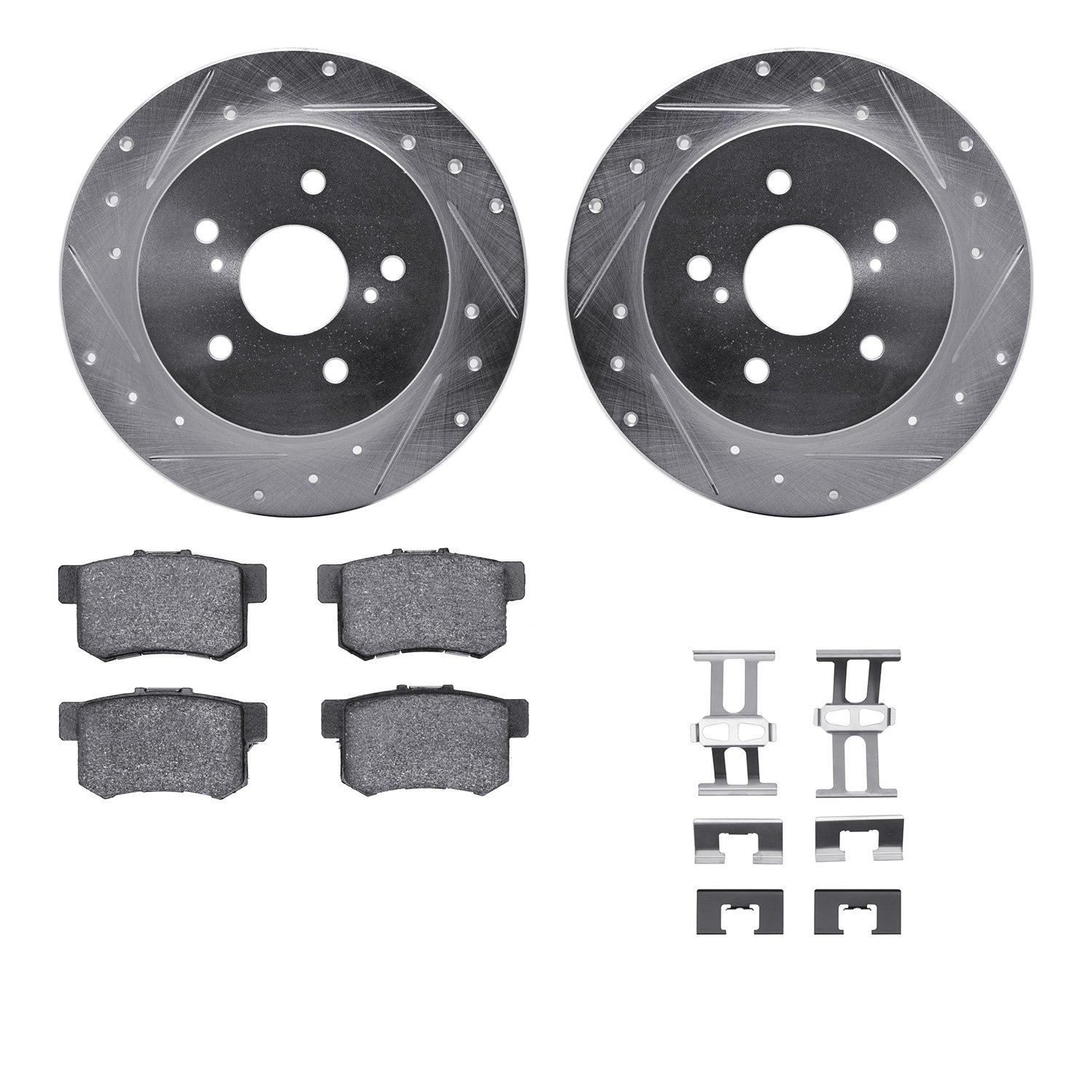 7512-01006 Drilled/Slotted Brake Rotors w/5000 Advanced Brake Pads Kit & Hardware [Silver], 2010-2013 Suzuki, Position: Rear