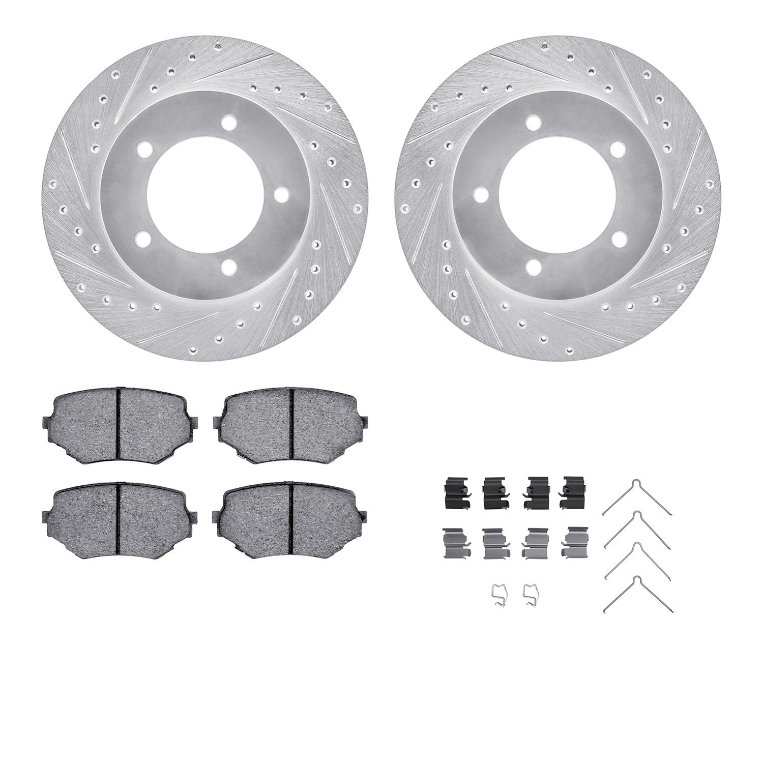 7512-01008 Drilled/Slotted Brake Rotors w/5000 Advanced Brake Pads Kit & Hardware [Silver], 1996-1998 Suzuki, Position: Front