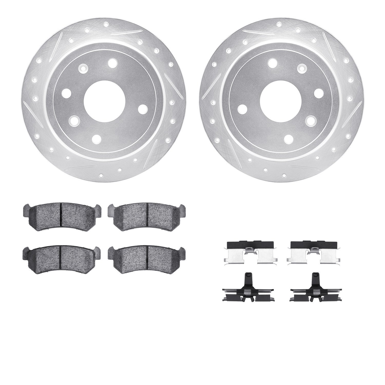 7512-01014 Drilled/Slotted Brake Rotors w/5000 Advanced Brake Pads Kit & Hardware [Silver], 2004-2007 Multiple Makes/Models, Pos