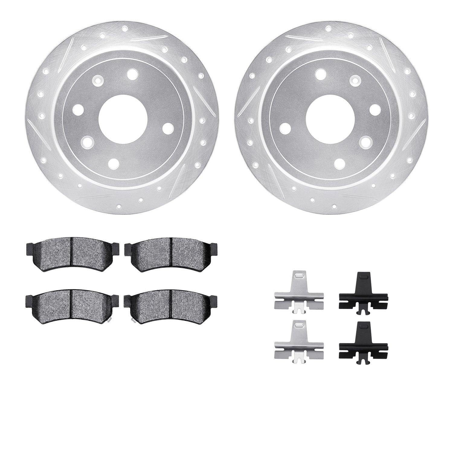 7512-01015 Drilled/Slotted Brake Rotors w/5000 Advanced Brake Pads Kit & Hardware [Silver], 2007-2010 Multiple Makes/Models, Pos