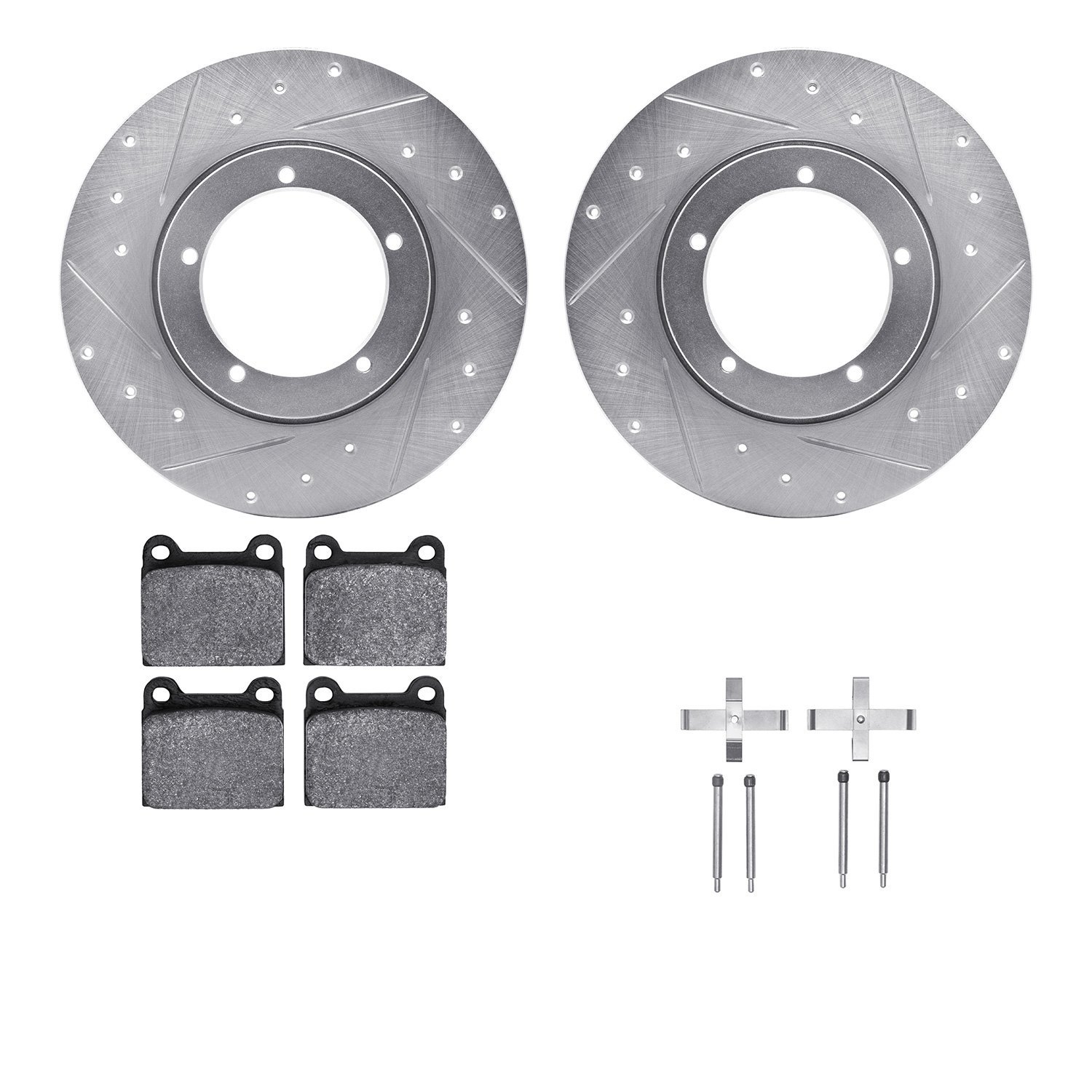 7512-02000 Drilled/Slotted Brake Rotors w/5000 Advanced Brake Pads Kit & Hardware [Silver], 1976-1976 Porsche, Position: Front