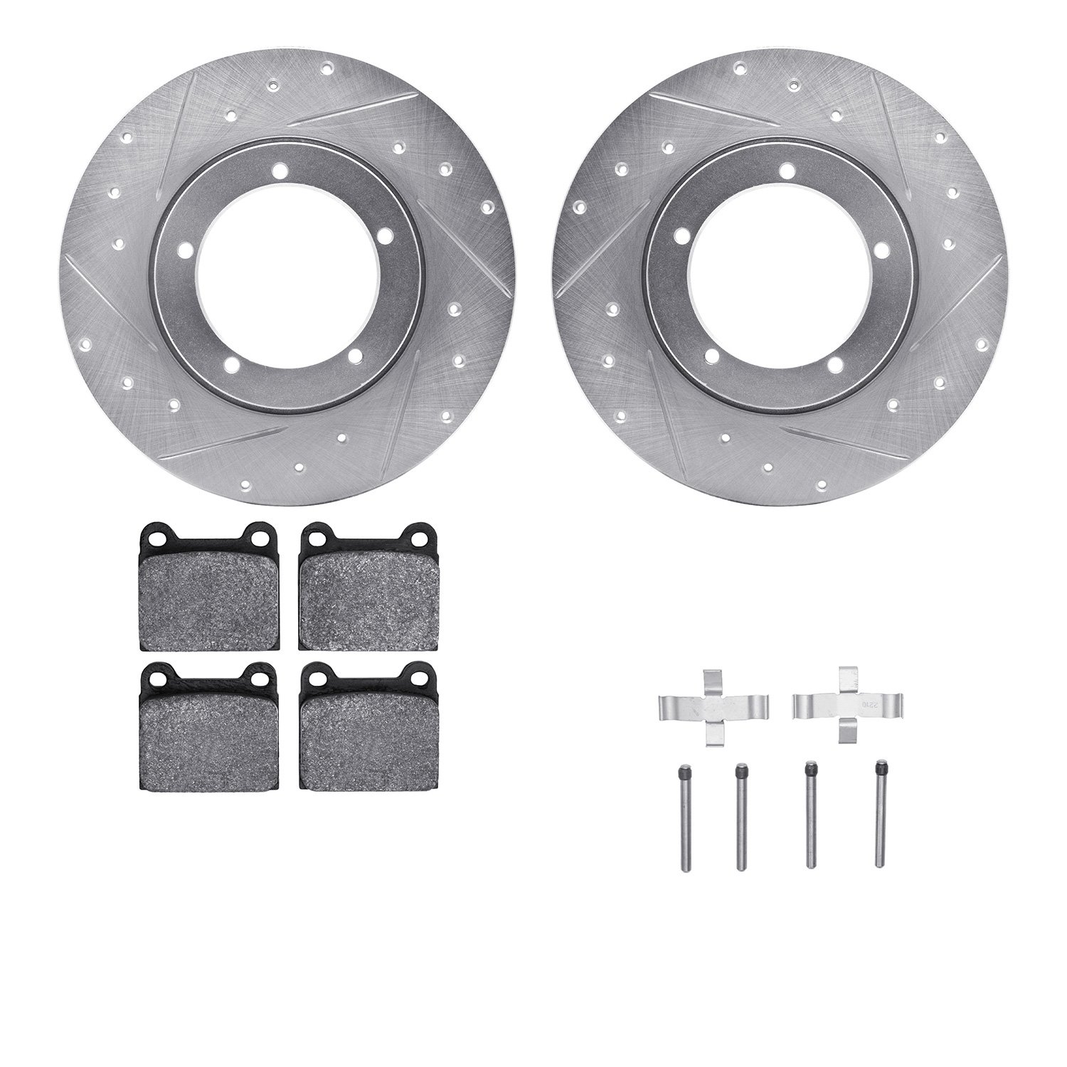 7512-02001 Drilled/Slotted Brake Rotors w/5000 Advanced Brake Pads Kit & Hardware [Silver], 1965-1973 Porsche, Position: Front