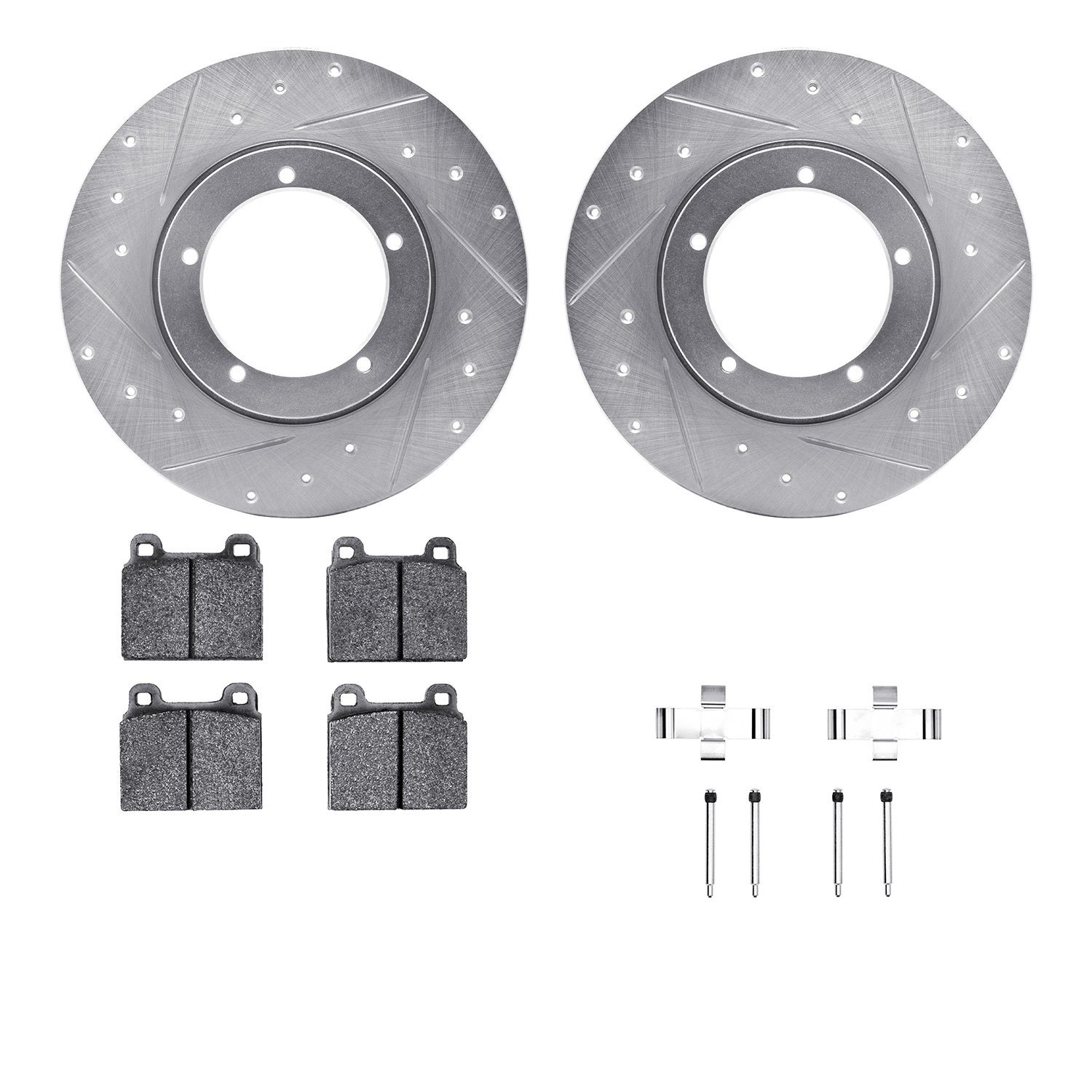 7512-02002 Drilled/Slotted Brake Rotors w/5000 Advanced Brake Pads Kit & Hardware [Silver], 1976-1976 Porsche, Position: Front