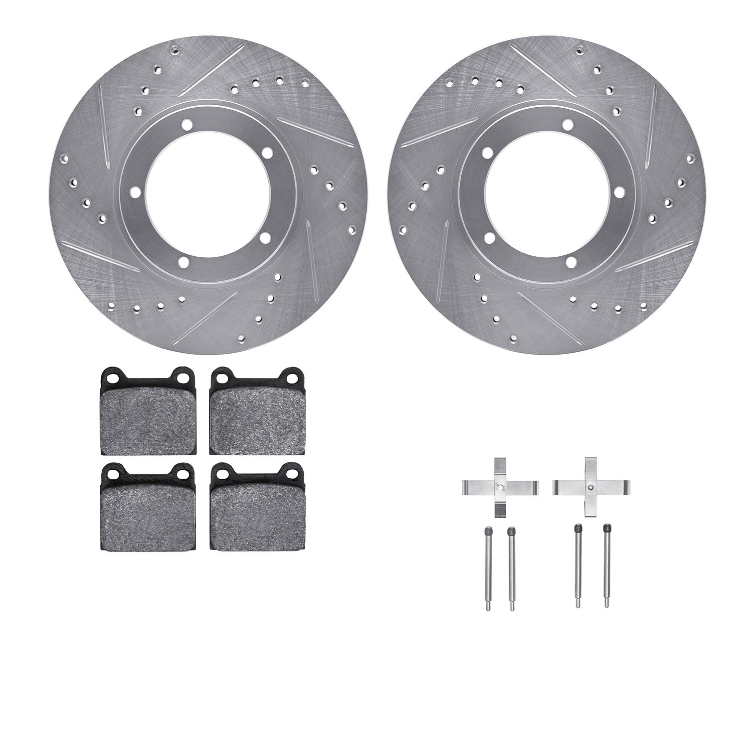 7512-02003 Drilled/Slotted Brake Rotors w/5000 Advanced Brake Pads Kit & Hardware [Silver], 1967-1974 Porsche, Position: Front