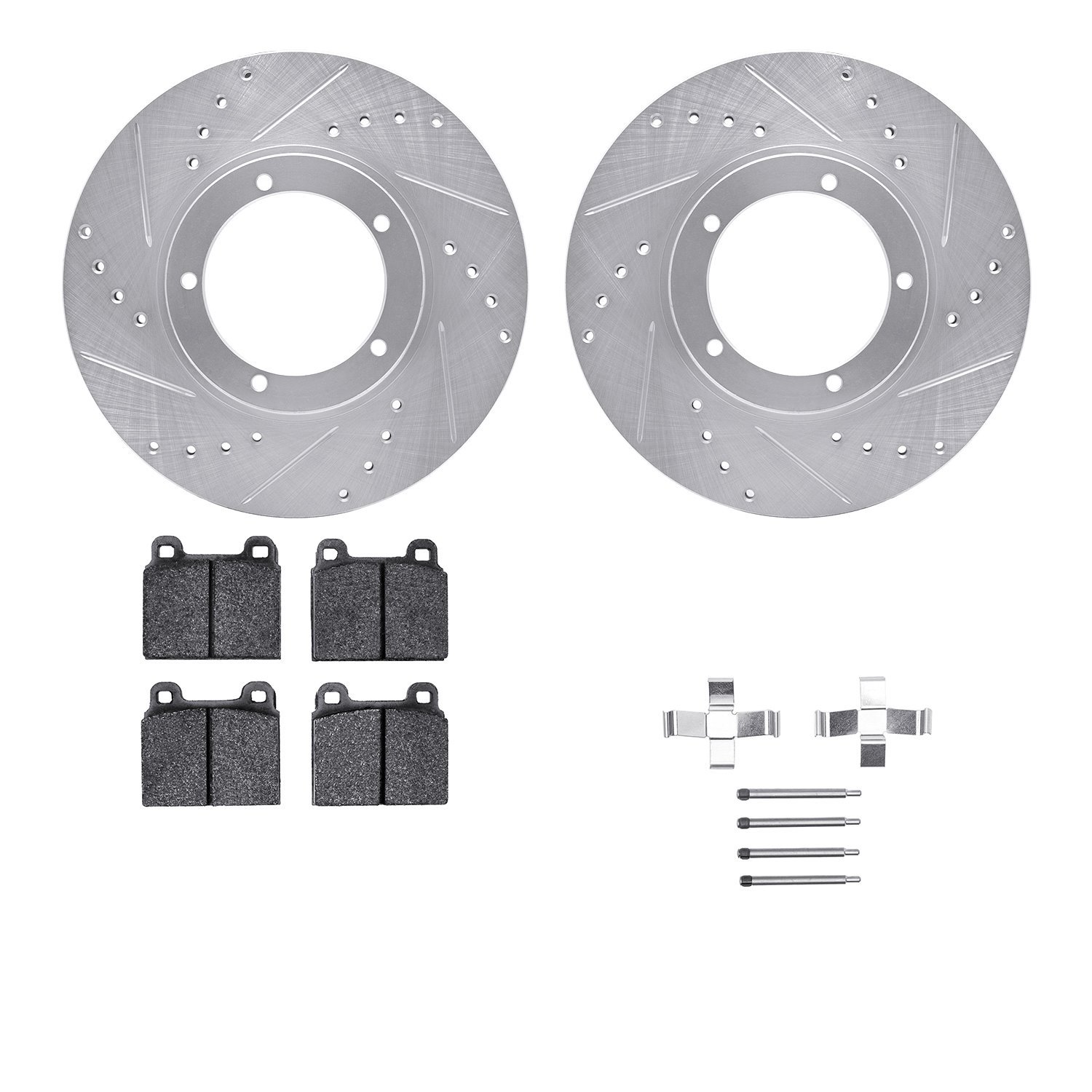 7512-02004 Drilled/Slotted Brake Rotors w/5000 Advanced Brake Pads Kit & Hardware [Silver], 1978-1983 Porsche, Position: Front