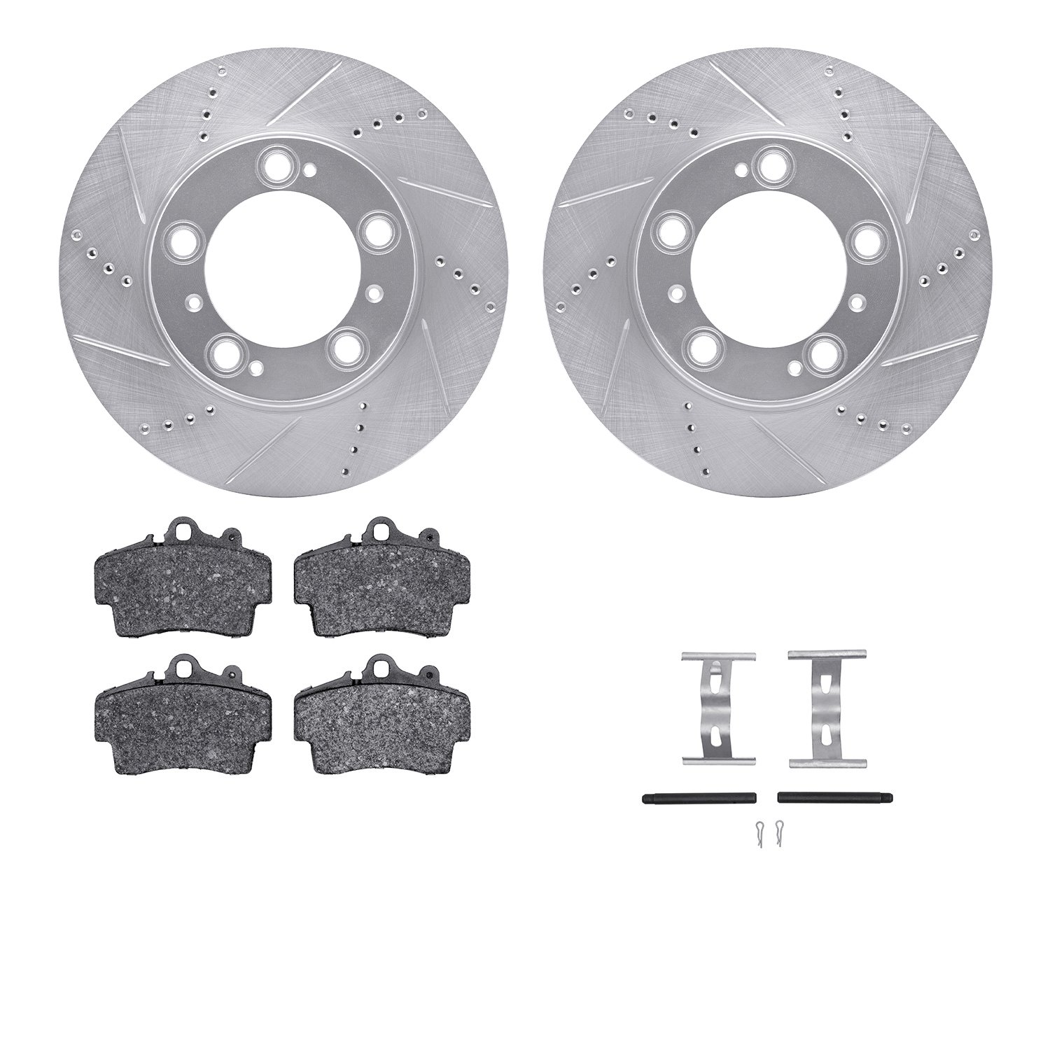 7512-02007 Drilled/Slotted Brake Rotors w/5000 Advanced Brake Pads Kit & Hardware [Silver], 1997-2004 Porsche, Position: Front
