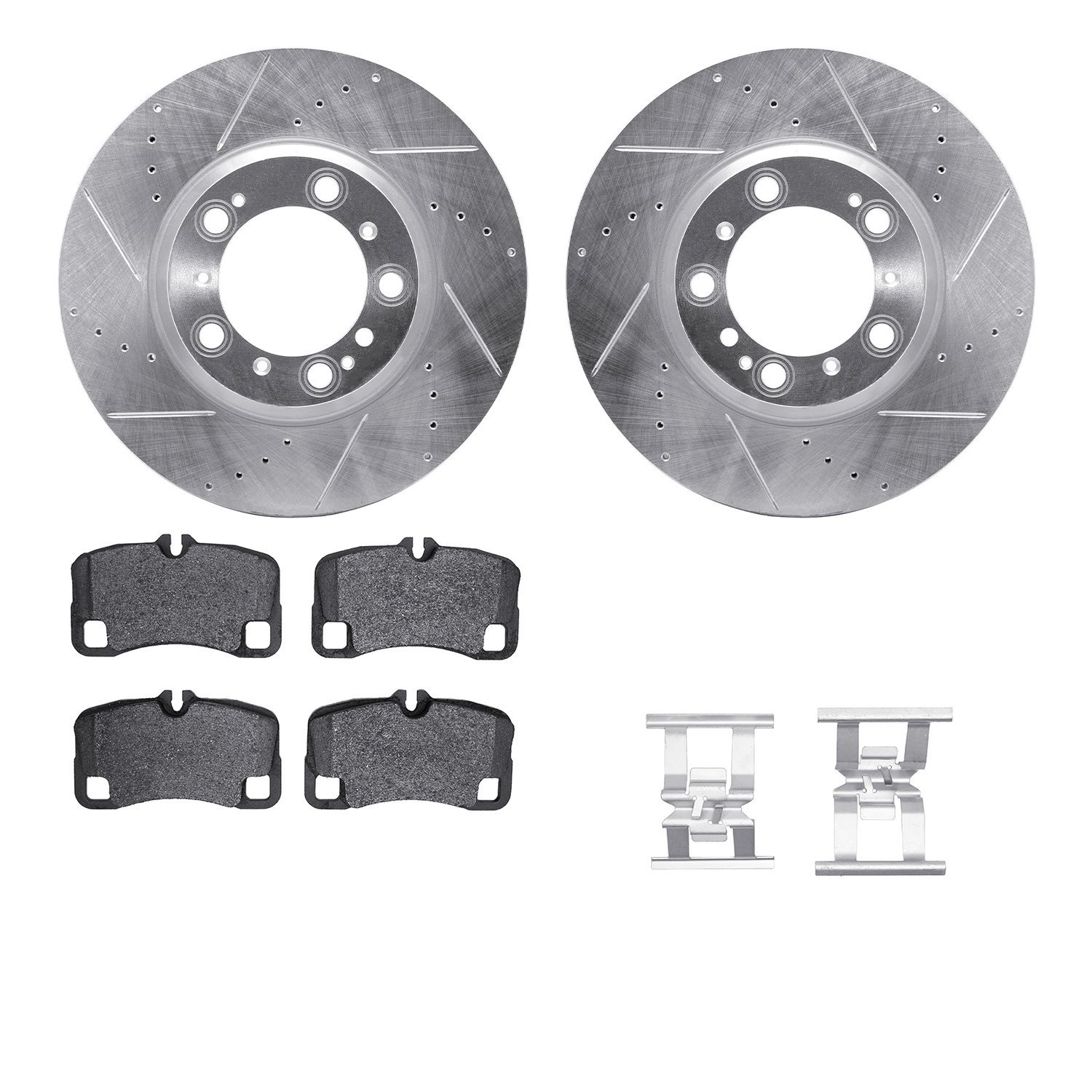 7512-02031 Drilled/Slotted Brake Rotors w/5000 Advanced Brake Pads Kit & Hardware [Silver], 2009-2012 Porsche, Position: Rear