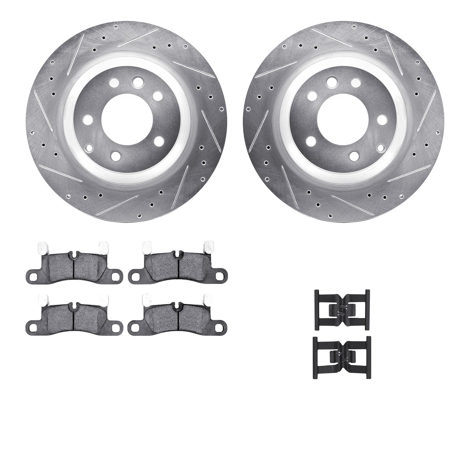 7512-02139 Drilled/Slotted Brake Rotors w/5000 Advanced Brake Pads Kit & Hardware [Silver], 2011-2014 Porsche, Position: Rear