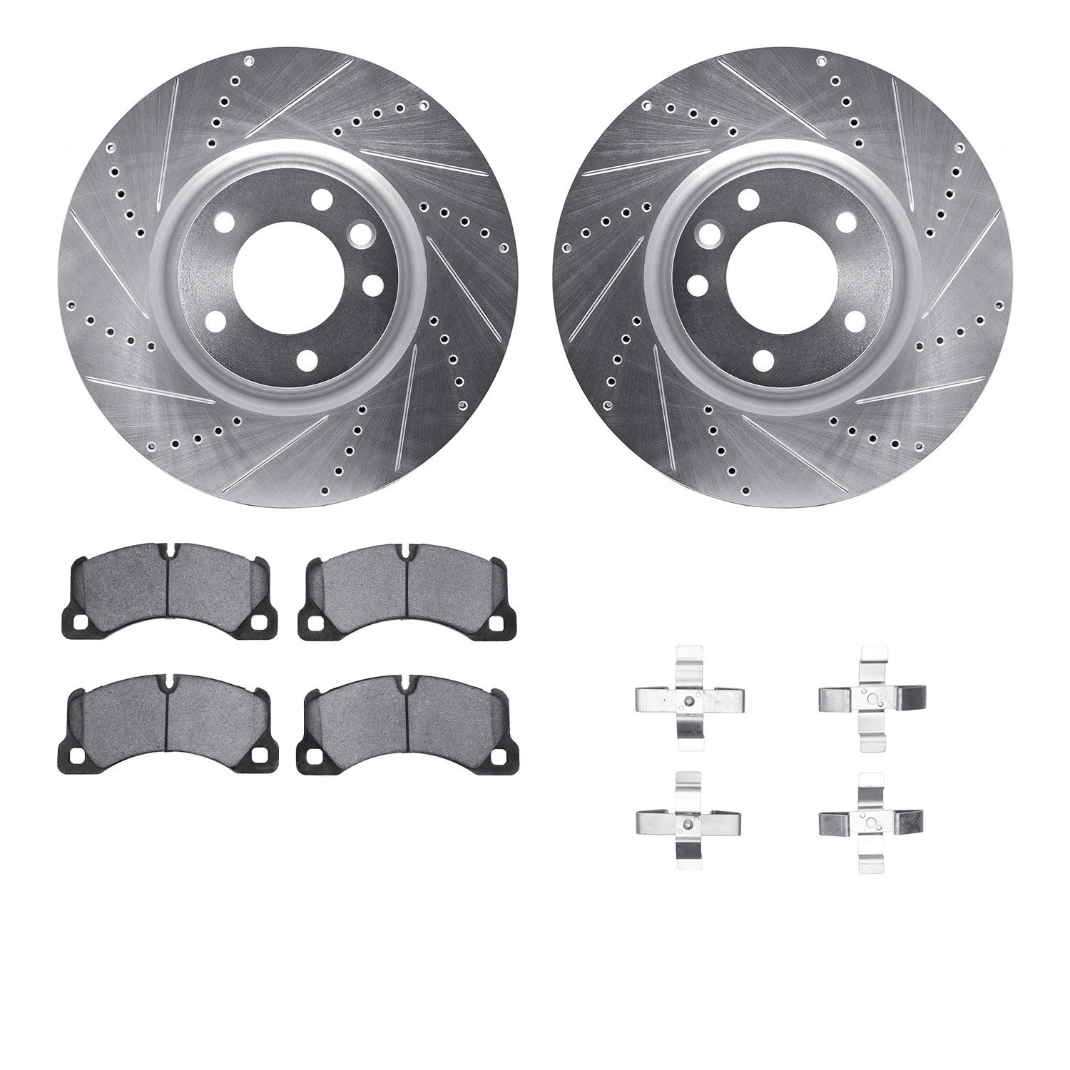 7512-02156 Drilled/Slotted Brake Rotors w/5000 Advanced Brake Pads Kit & Hardware [Silver], 2008-2008 Porsche, Position: Front