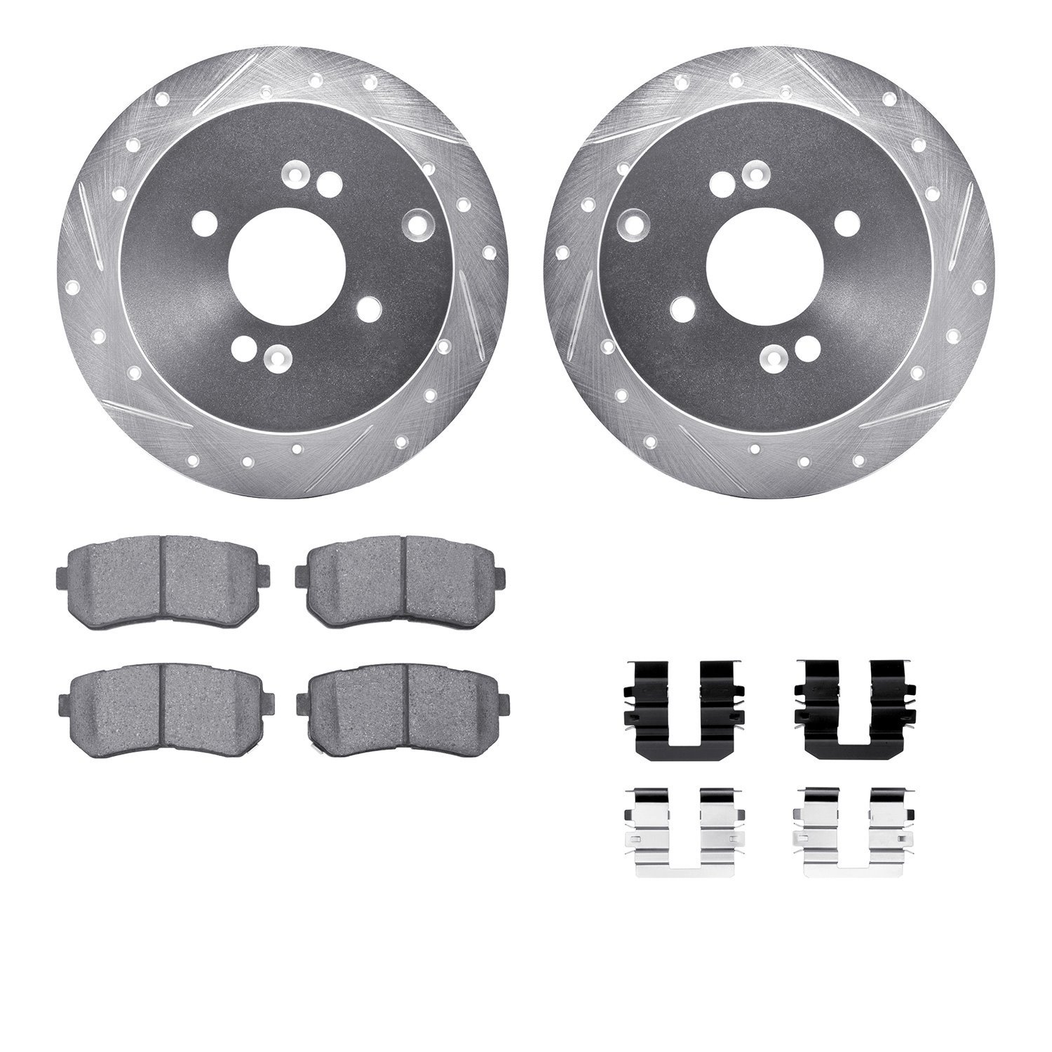 7512-03002 Drilled/Slotted Brake Rotors w/5000 Advanced Brake Pads Kit & Hardware [Silver], 2006-2012 Multiple Makes/Models, Pos