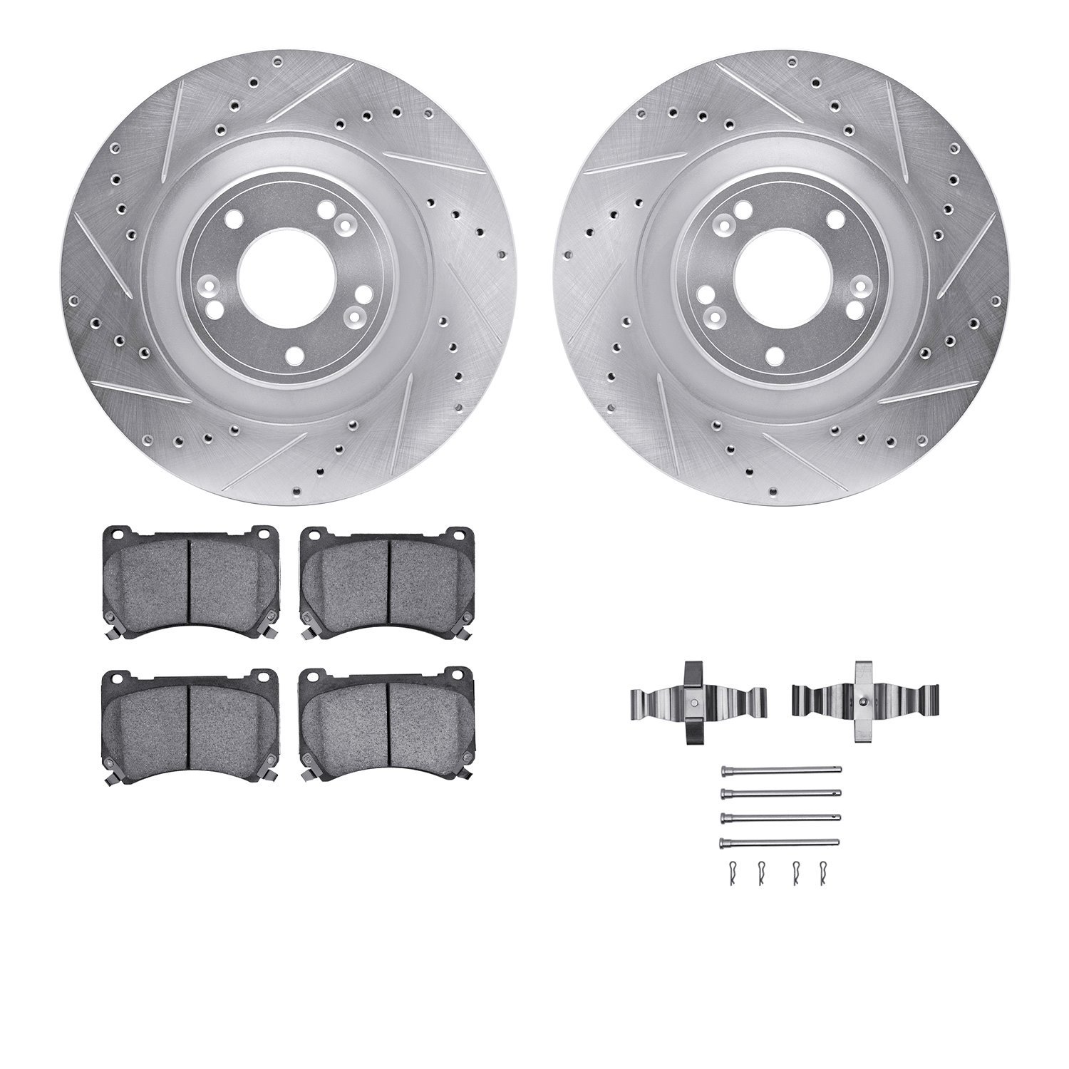 7512-03069 Drilled/Slotted Brake Rotors w/5000 Advanced Brake Pads Kit & Hardware [Silver], 2011-2014 Kia/Hyundai/Genesis, Posit