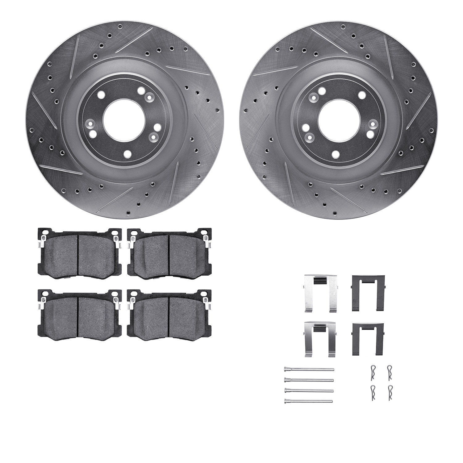 7512-03070 Drilled/Slotted Brake Rotors w/5000 Advanced Brake Pads Kit & Hardware [Silver], 2015-2017 Kia/Hyundai/Genesis, Posit