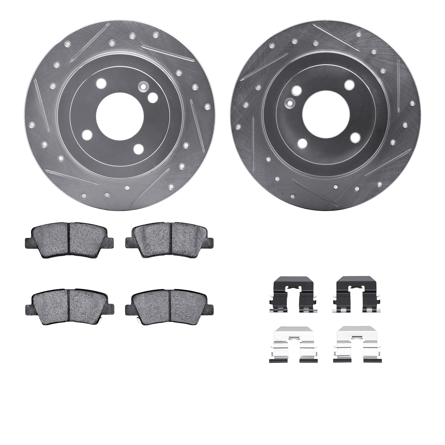 7512-03088 Drilled/Slotted Brake Rotors w/5000 Advanced Brake Pads Kit & Hardware [Silver], 2013-2015 Mopar, Position: Rear