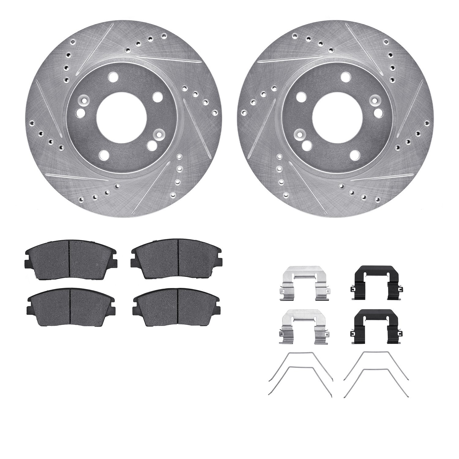 7512-03093 Drilled/Slotted Brake Rotors w/5000 Advanced Brake Pads Kit & Hardware [Silver], Fits Select Kia/Hyundai/Genesis, Pos