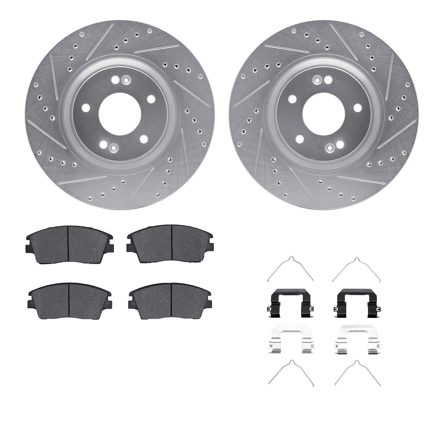 7512-03094 Drilled/Slotted Brake Rotors w/5000 Advanced Brake Pads Kit & Hardware [Silver], Fits Select Kia/Hyundai/Genesis, Pos