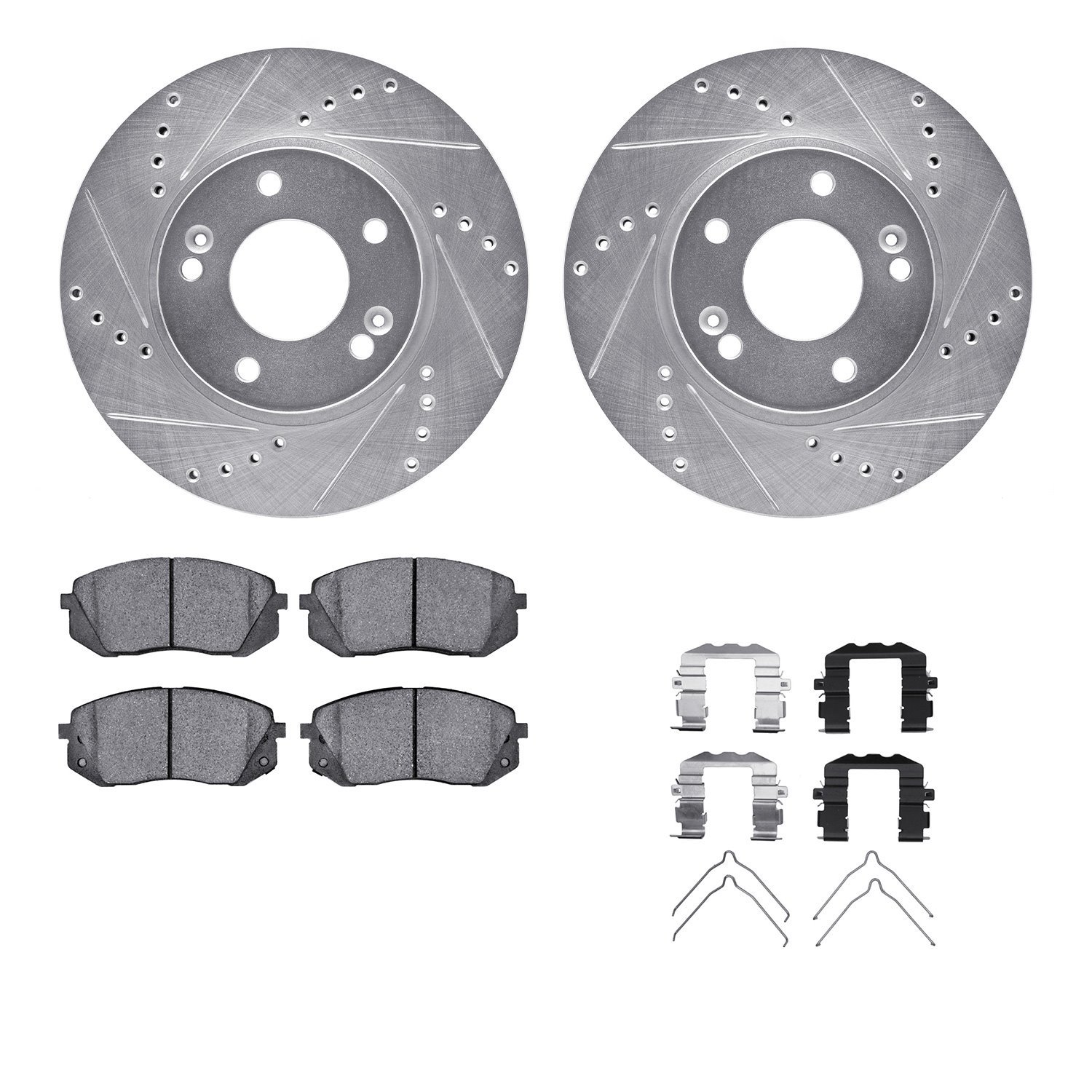 7512-03097 Drilled/Slotted Brake Rotors w/5000 Advanced Brake Pads Kit & Hardware [Silver], Fits Select Kia/Hyundai/Genesis, Pos