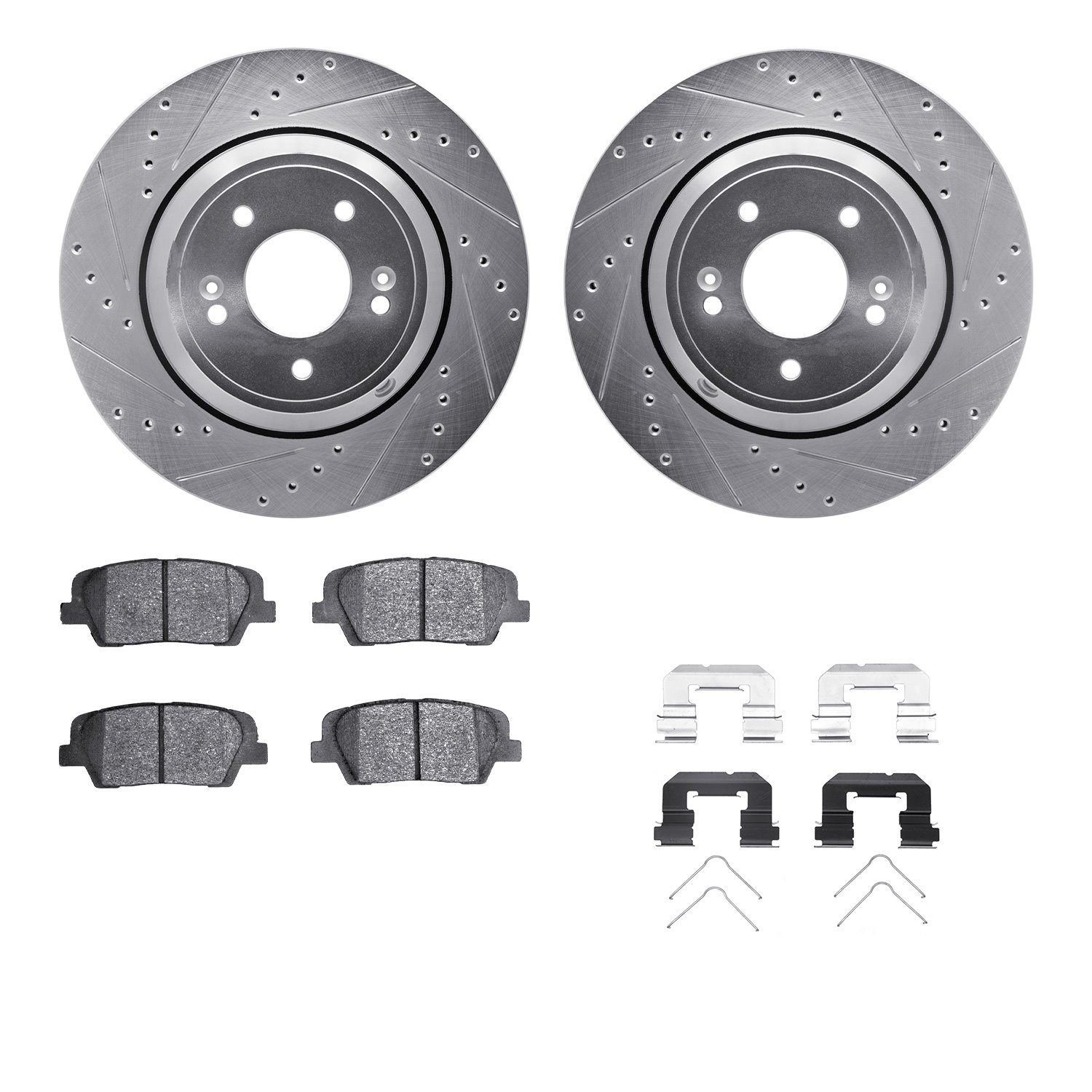 7512-03104 Drilled/Slotted Brake Rotors w/5000 Advanced Brake Pads Kit & Hardware [Silver], Fits Select Kia/Hyundai/Genesis, Pos