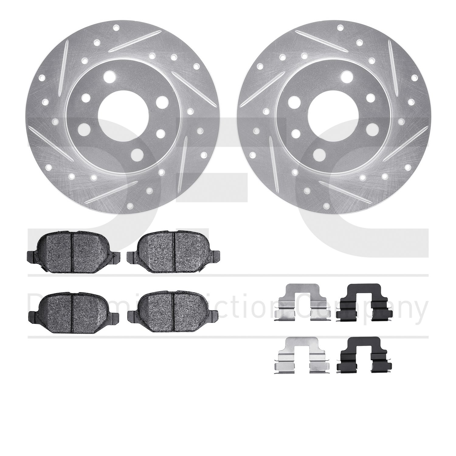 7512-07000 Drilled/Slotted Brake Rotors w/5000 Advanced Brake Pads Kit & Hardware [Silver], 2009-2019 Mopar, Position: Rear