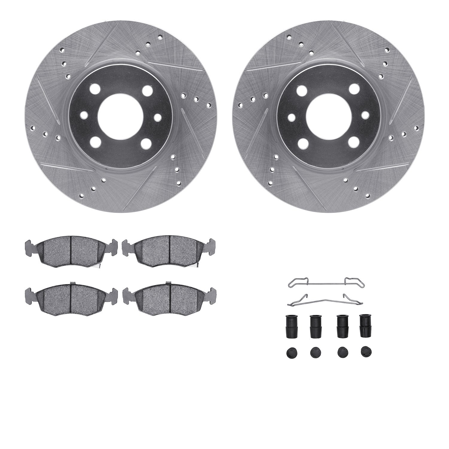 7512-07001 Drilled/Slotted Brake Rotors w/5000 Advanced Brake Pads Kit & Hardware [Silver], 2012-2019 Mopar, Position: Front