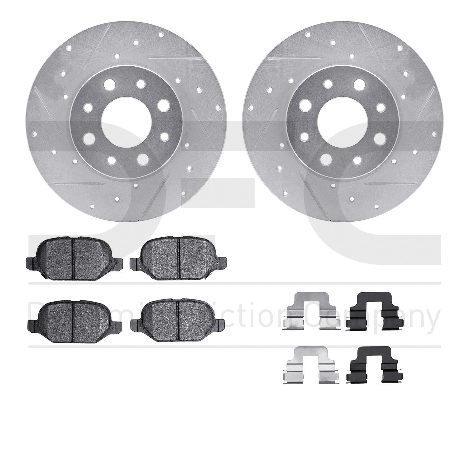 7512-07005 Drilled/Slotted Brake Rotors w/5000 Advanced Brake Pads Kit & Hardware [Silver], 2013-2019 Mopar, Position: Rear