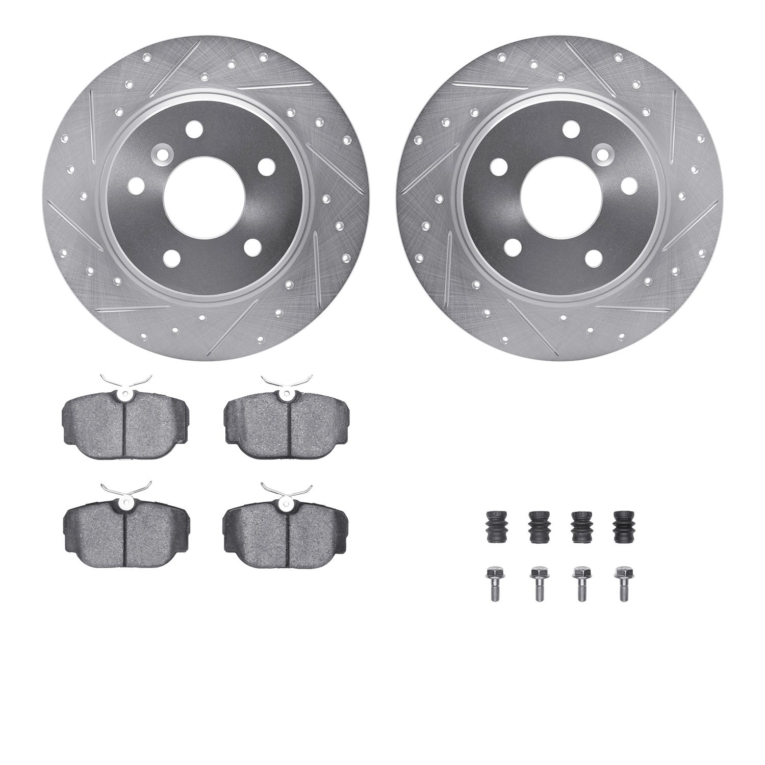 7512-11000 Drilled/Slotted Brake Rotors w/5000 Advanced Brake Pads Kit & Hardware [Silver], 1999-2004 Land Rover, Position: Rear