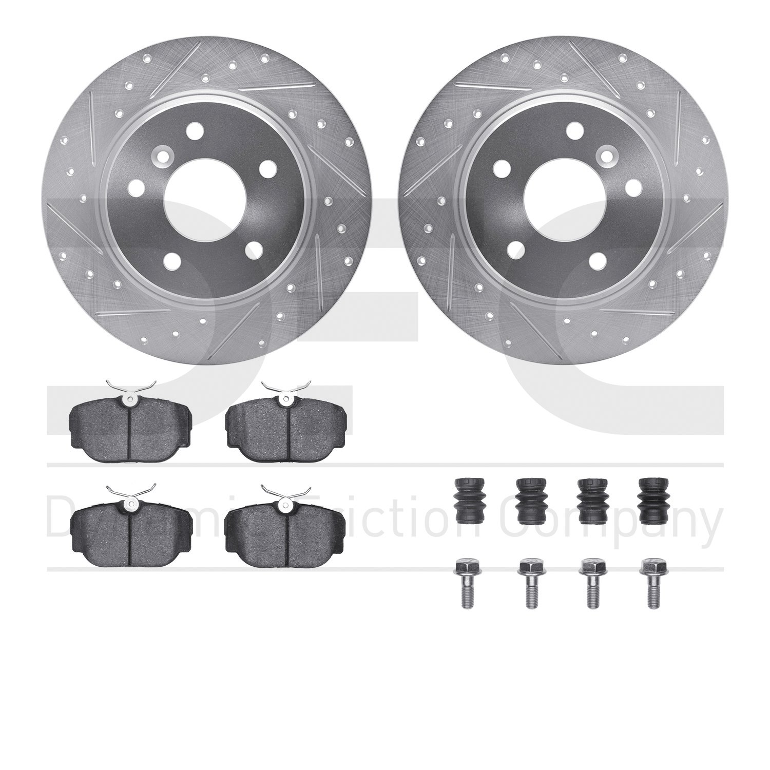 7512-11001 Drilled/Slotted Brake Rotors w/5000 Advanced Brake Pads Kit & Hardware [Silver], 1994-2002 Land Rover, Position: Rear