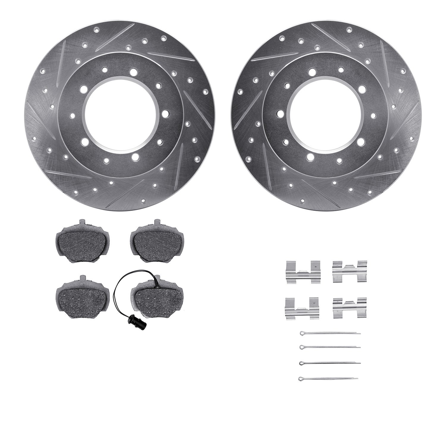 7512-11002 Drilled/Slotted Brake Rotors w/5000 Advanced Brake Pads Kit & Hardware [Silver], 1987-1995 Land Rover, Position: Rear