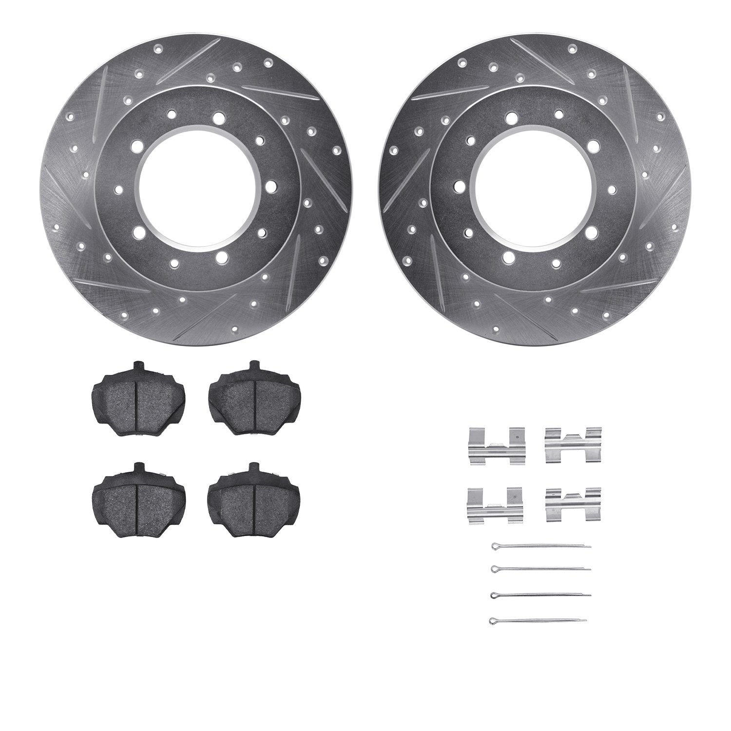 7512-11003 Drilled/Slotted Brake Rotors w/5000 Advanced Brake Pads Kit & Hardware [Silver], 1974-2016 Land Rover, Position: Rear