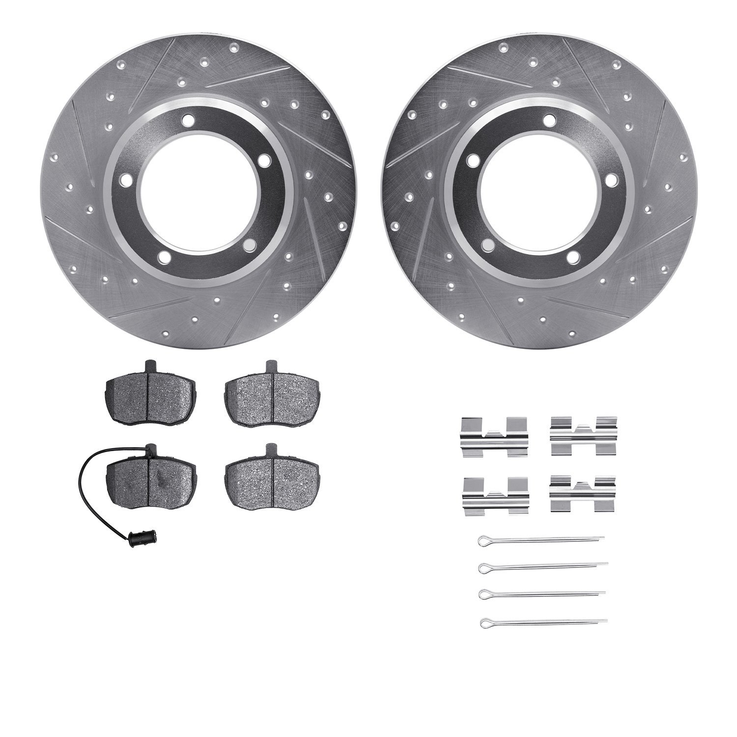 7512-11004 Drilled/Slotted Brake Rotors w/5000 Advanced Brake Pads Kit & Hardware [Silver], 1987-1989 Land Rover, Position: Fron