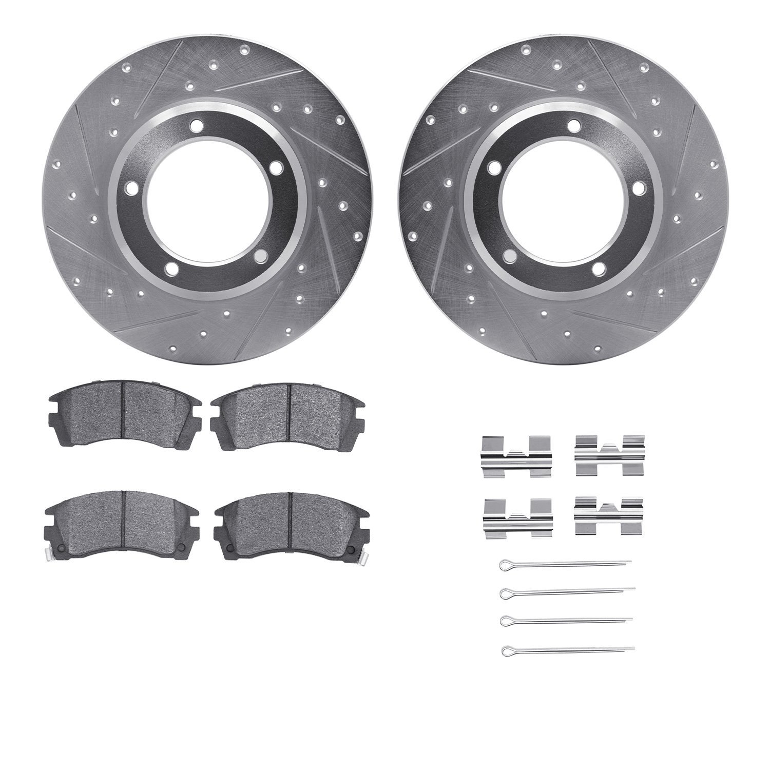 7512-11005 Drilled/Slotted Brake Rotors w/5000 Advanced Brake Pads Kit & Hardware [Silver], 1974-1974 Land Rover, Position: Fron