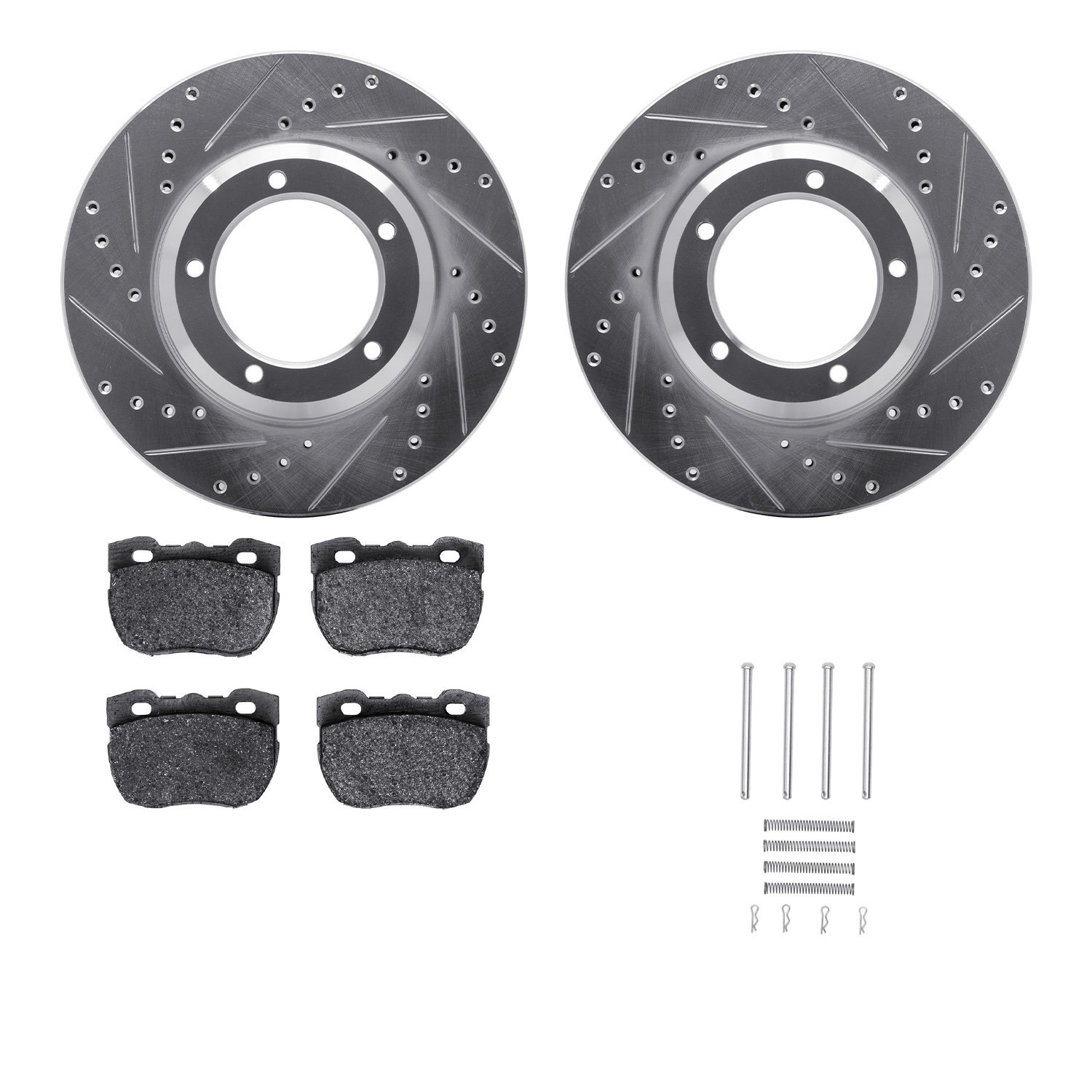 7512-11006 Drilled/Slotted Brake Rotors w/5000 Advanced Brake Pads Kit & Hardware [Silver], 1990-1995 Land Rover, Position: Fron