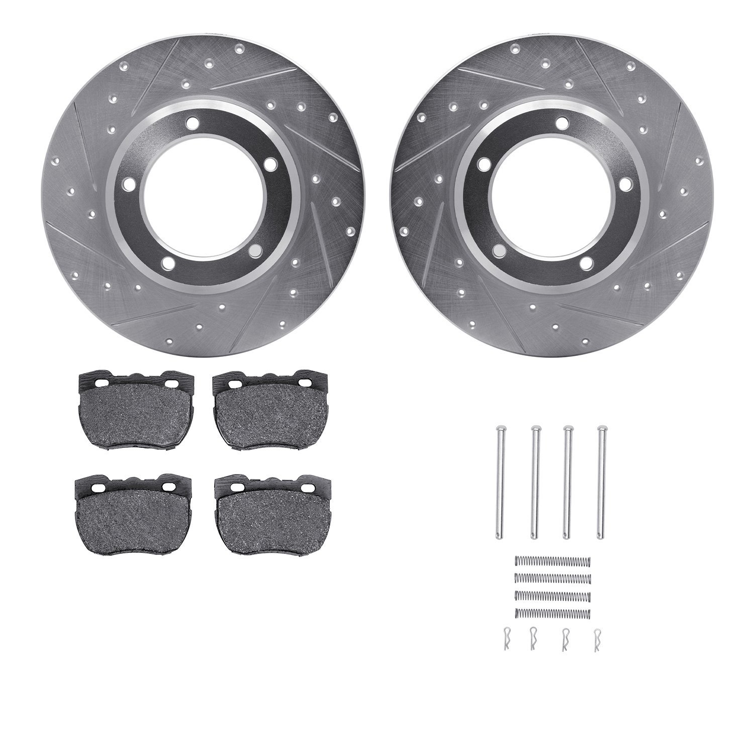 7512-11007 Drilled/Slotted Brake Rotors w/5000 Advanced Brake Pads Kit & Hardware [Silver], 1994-1999 Land Rover, Position: Fron