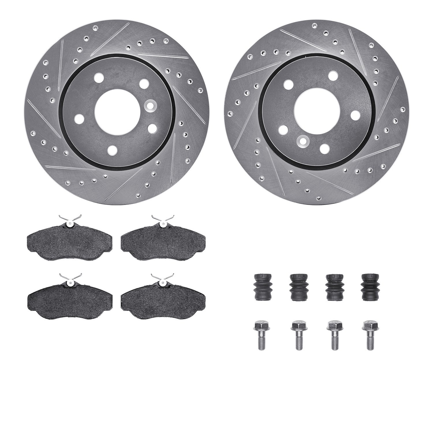 7512-11008 Drilled/Slotted Brake Rotors w/5000 Advanced Brake Pads Kit & Hardware [Silver], 1994-2002 Land Rover, Position: Fron