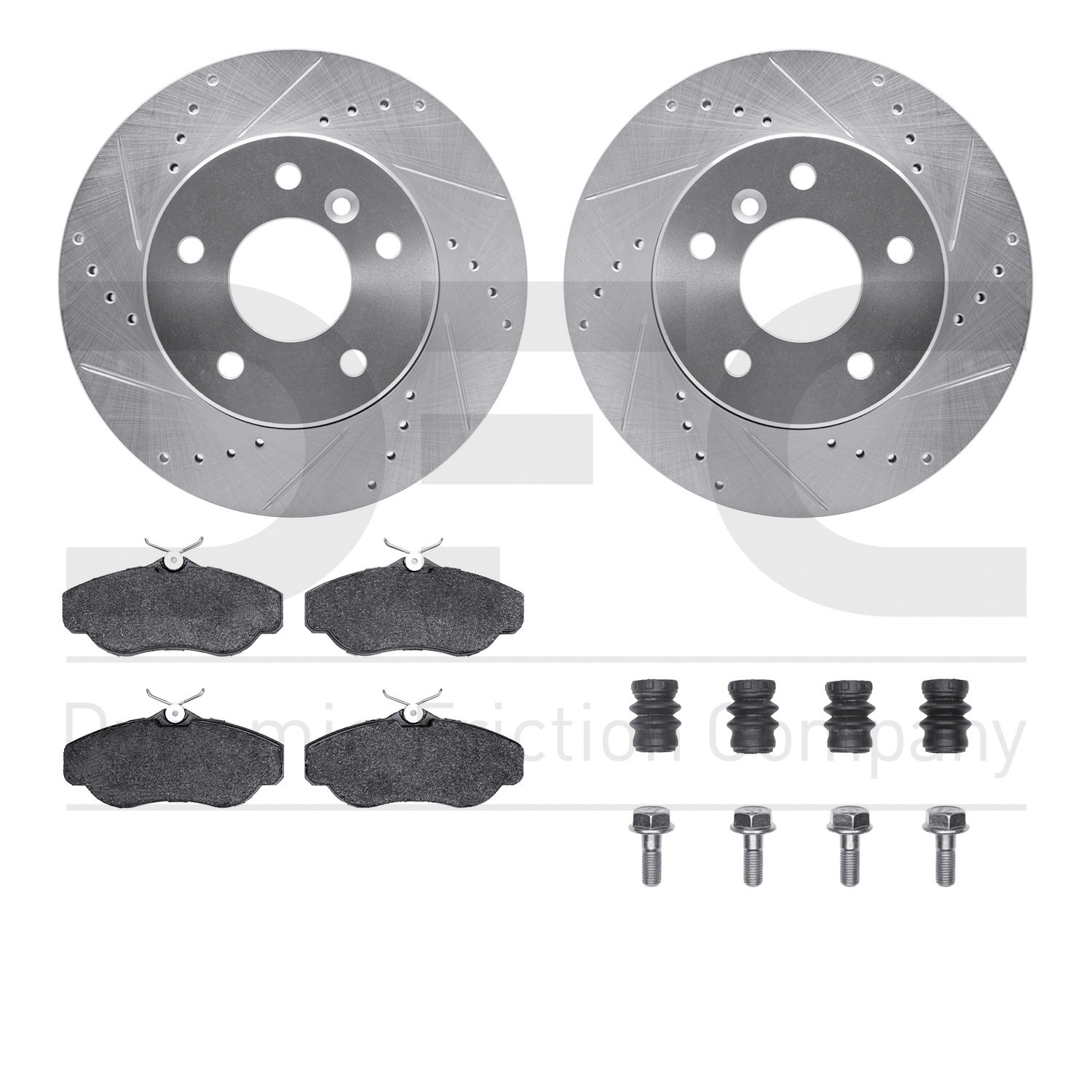 7512-11009 Drilled/Slotted Brake Rotors w/5000 Advanced Brake Pads Kit & Hardware [Silver], 1999-2004 Land Rover, Position: Fron
