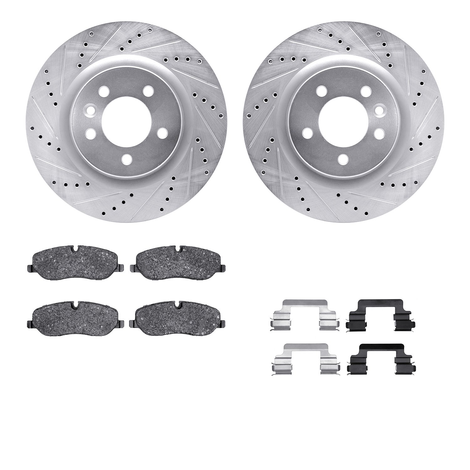 7512-11012 Drilled/Slotted Brake Rotors w/5000 Advanced Brake Pads Kit & Hardware [Silver], 2005-2009 Land Rover, Position: Fron