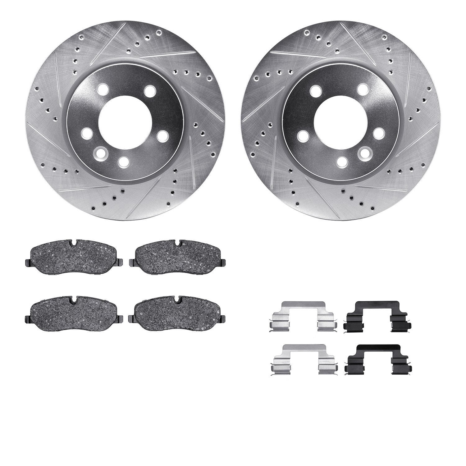 7512-11013 Drilled/Slotted Brake Rotors w/5000 Advanced Brake Pads Kit & Hardware [Silver], 2005-2007 Land Rover, Position: Fron