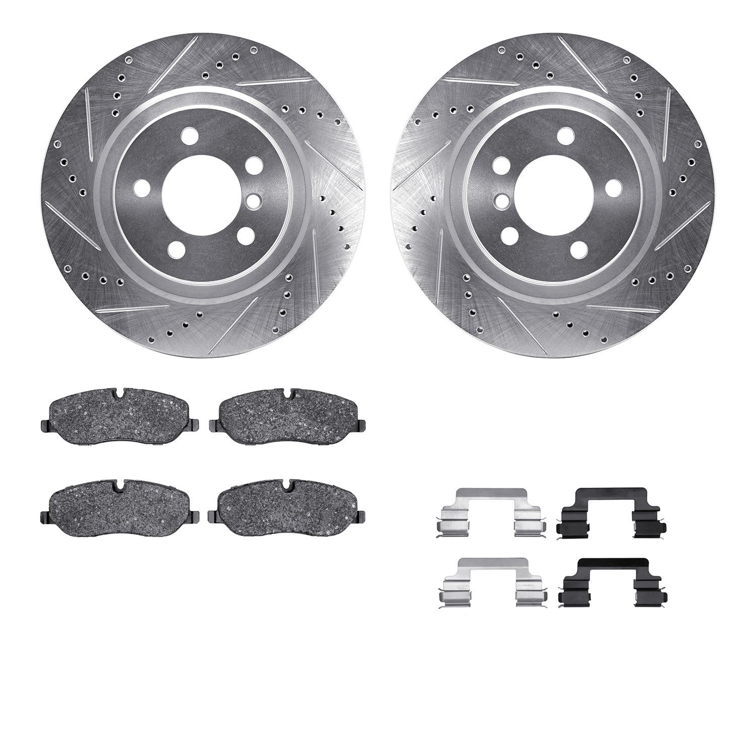 7512-11014 Drilled/Slotted Brake Rotors w/5000 Advanced Brake Pads Kit & Hardware [Silver], 2006-2009 Land Rover, Position: Fron