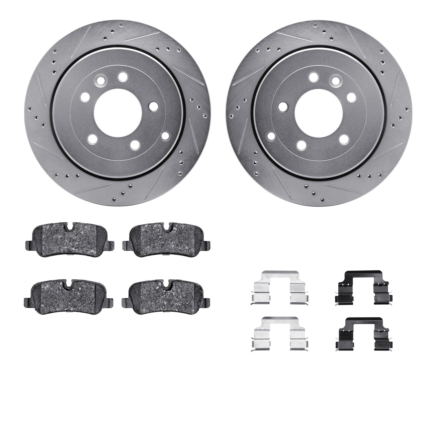 7512-11016 Drilled/Slotted Brake Rotors w/5000 Advanced Brake Pads Kit & Hardware [Silver], 2005-2007 Land Rover, Position: Rear