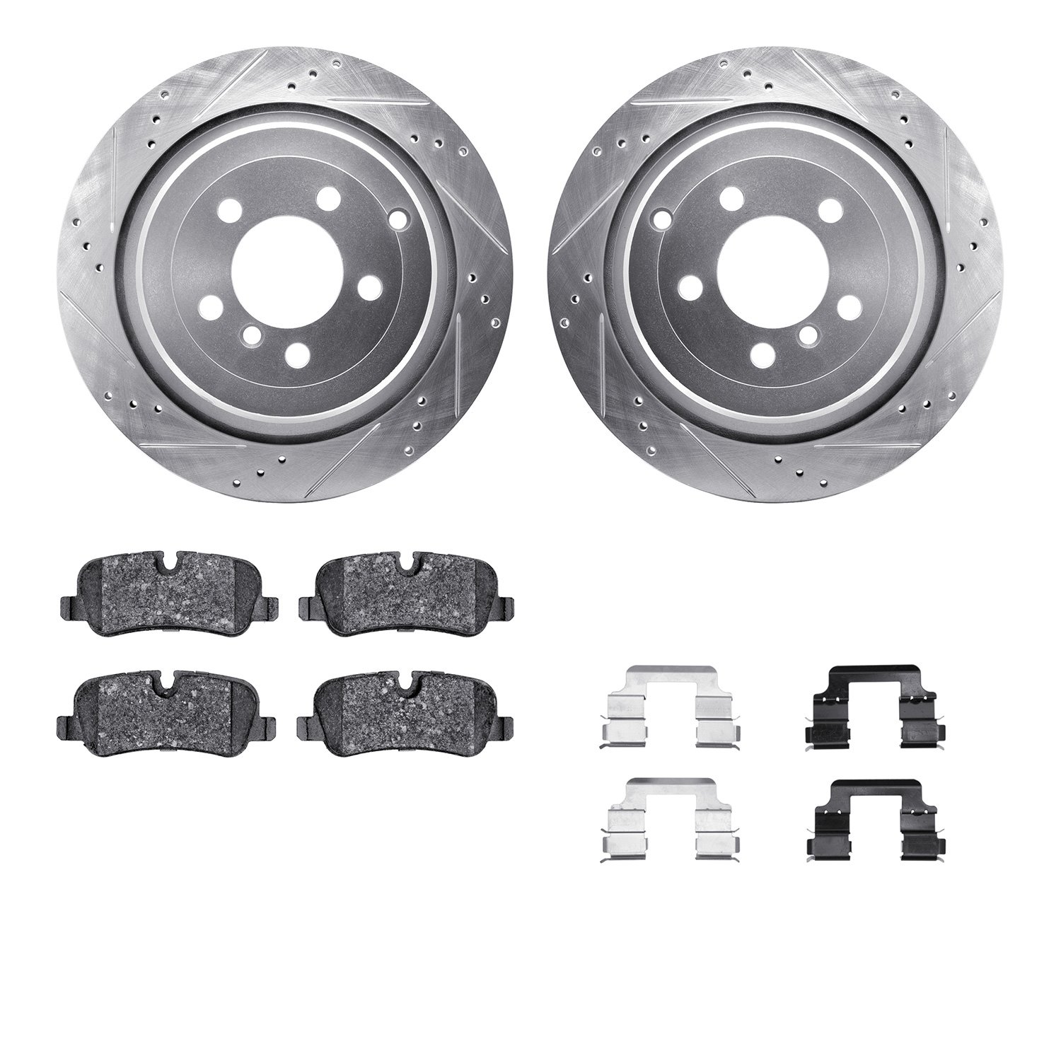 7512-11017 Drilled/Slotted Brake Rotors w/5000 Advanced Brake Pads Kit & Hardware [Silver], 2006-2012 Land Rover, Position: Rear