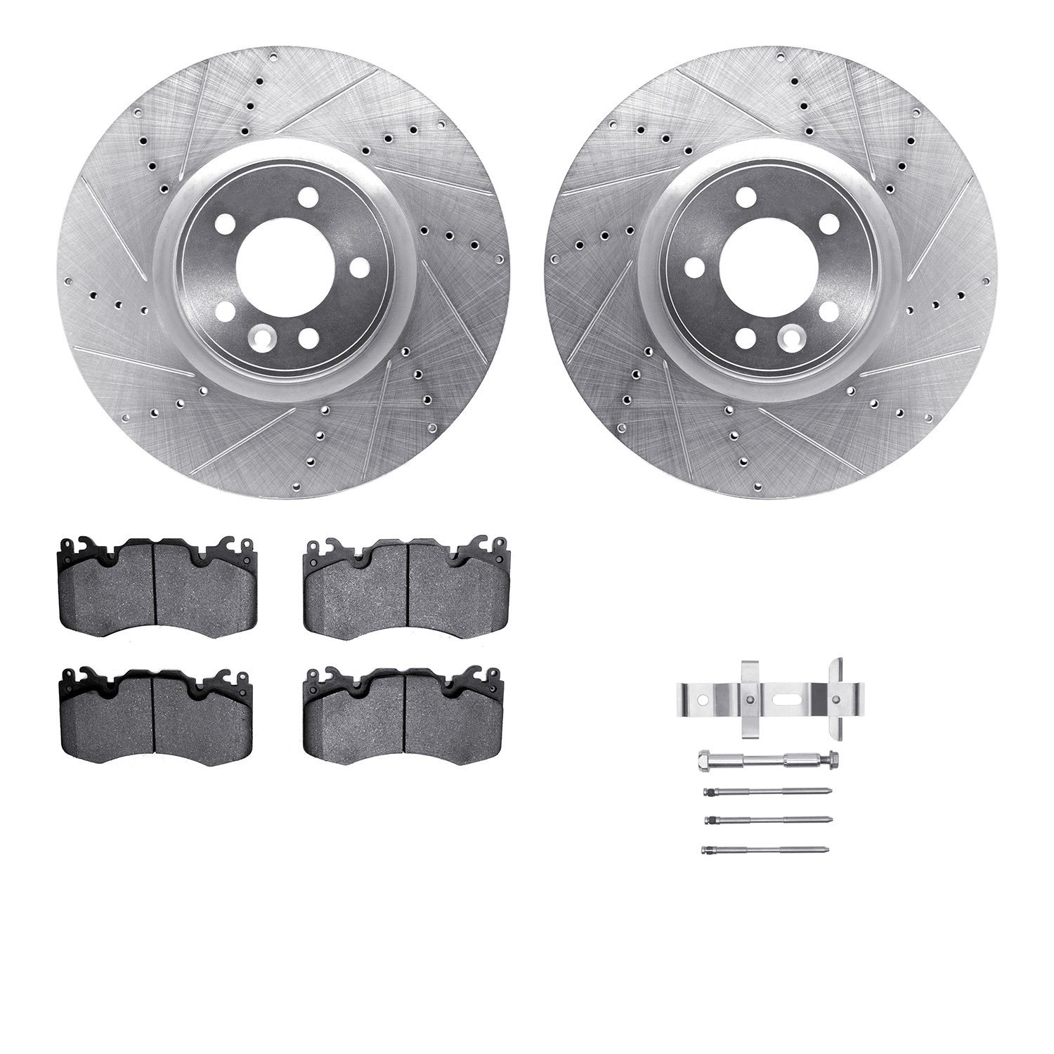 7512-11022 Drilled/Slotted Brake Rotors w/5000 Advanced Brake Pads Kit & Hardware [Silver], 2010-2017 Land Rover, Position: Fron