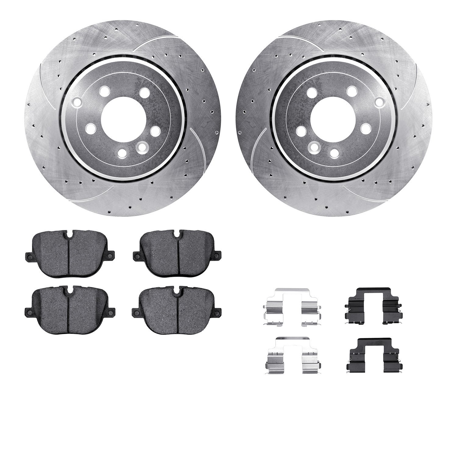 7512-11024 Drilled/Slotted Brake Rotors w/5000 Advanced Brake Pads Kit & Hardware [Silver], 2010-2013 Land Rover, Position: Rear