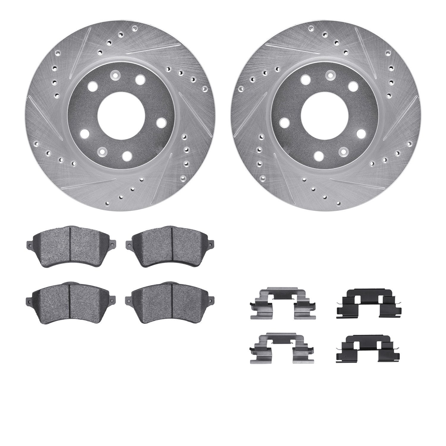 7512-11025 Drilled/Slotted Brake Rotors w/5000 Advanced Brake Pads Kit & Hardware [Silver], 2002-2005 Land Rover, Position: Fron