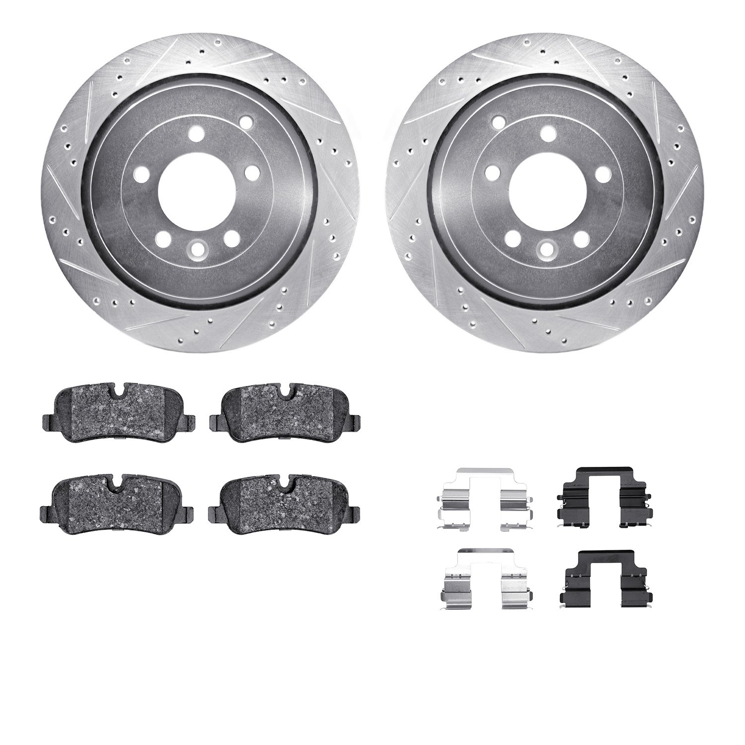 7512-11026 Drilled/Slotted Brake Rotors w/5000 Advanced Brake Pads Kit & Hardware [Silver], 2010-2013 Land Rover, Position: Rear
