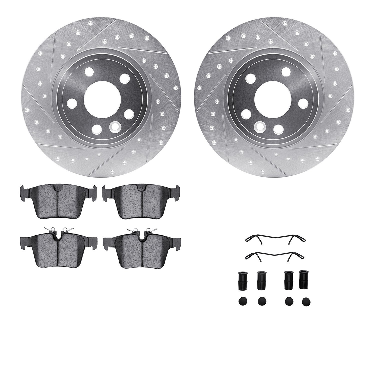 7512-11027 Drilled/Slotted Brake Rotors w/5000 Advanced Brake Pads Kit & Hardware [Silver], 2015-2020 Multiple Makes/Models, Pos