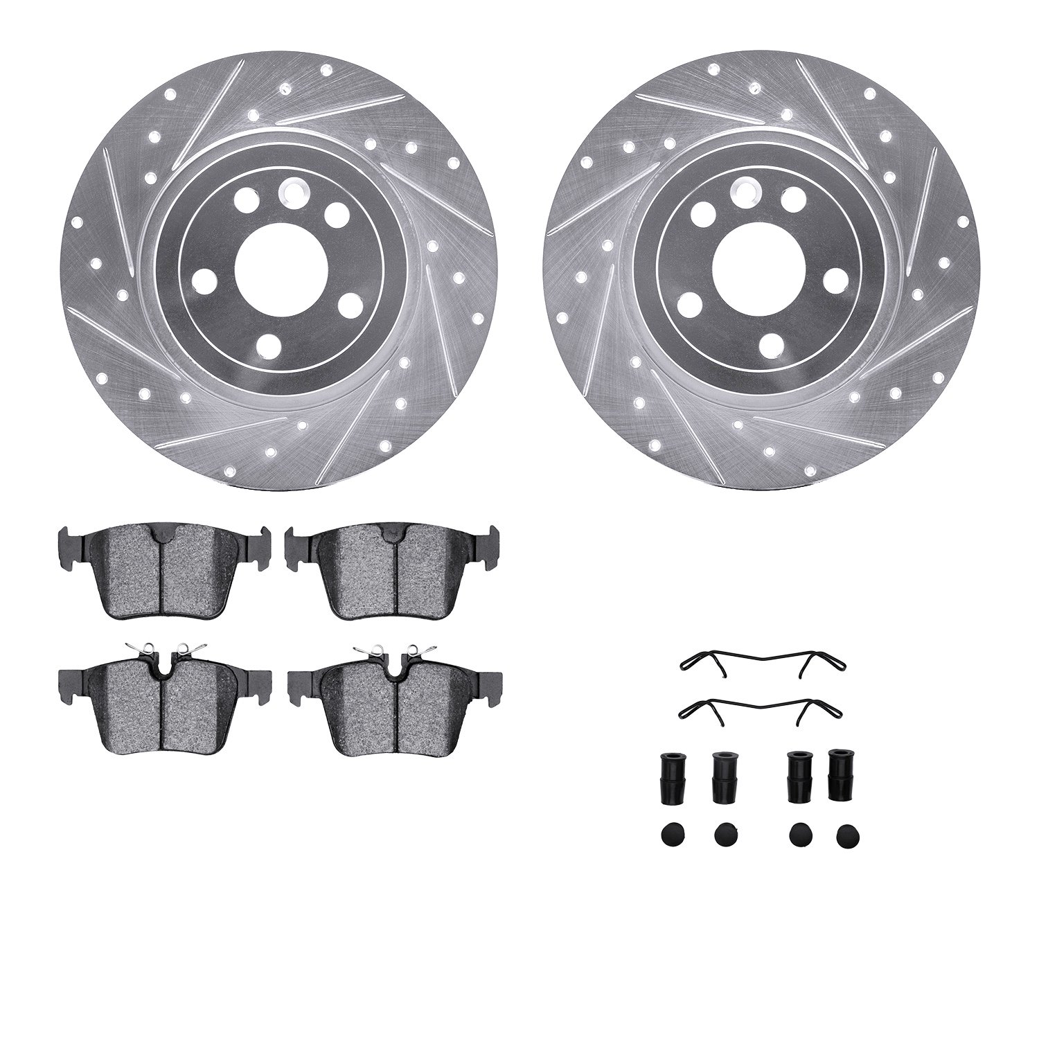 7512-11028 Drilled/Slotted Brake Rotors w/5000 Advanced Brake Pads Kit & Hardware [Silver], 2016-2019 Land Rover, Position: Rear