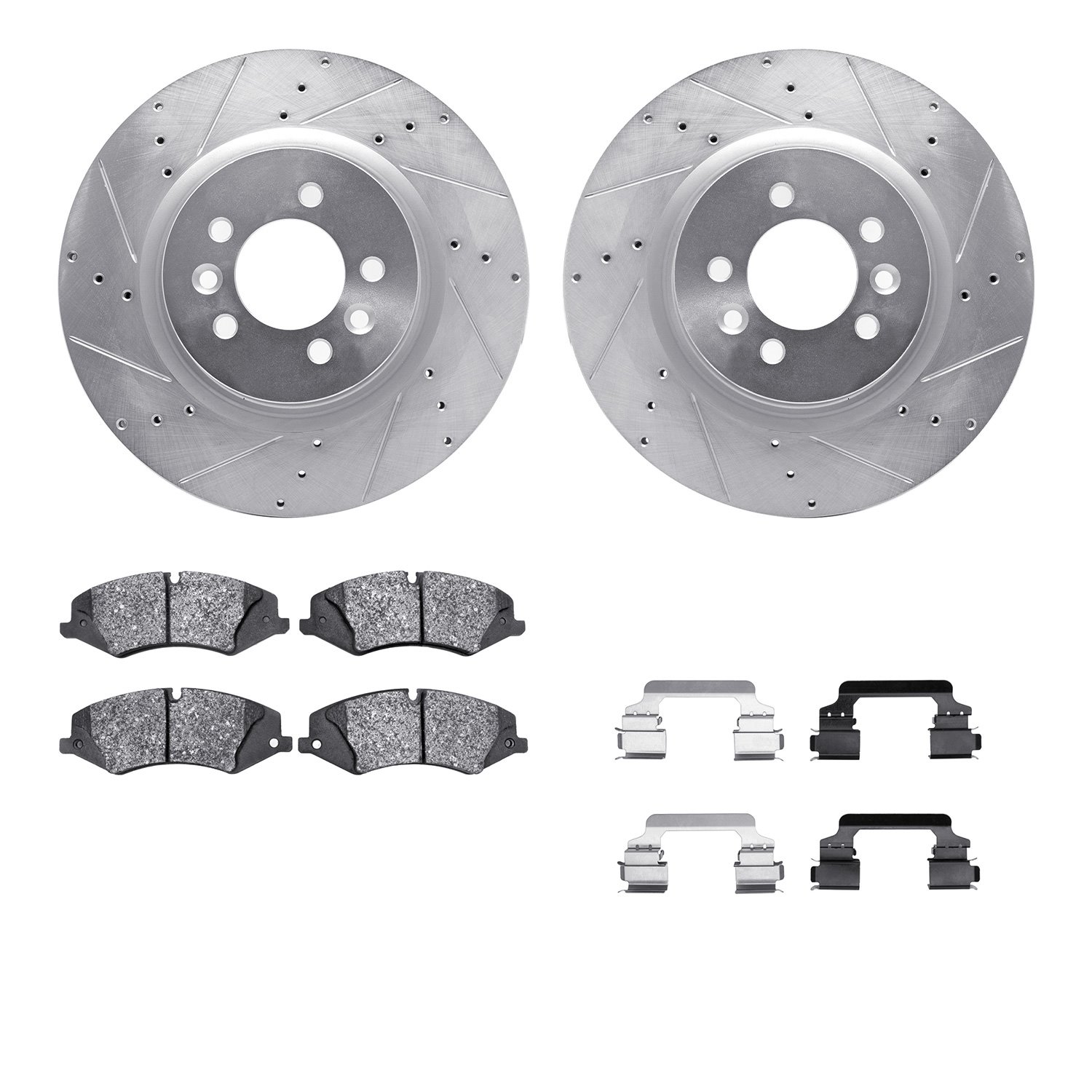 7512-11030 Drilled/Slotted Brake Rotors w/5000 Advanced Brake Pads Kit & Hardware [Silver], 2010-2017 Land Rover, Position: Fron